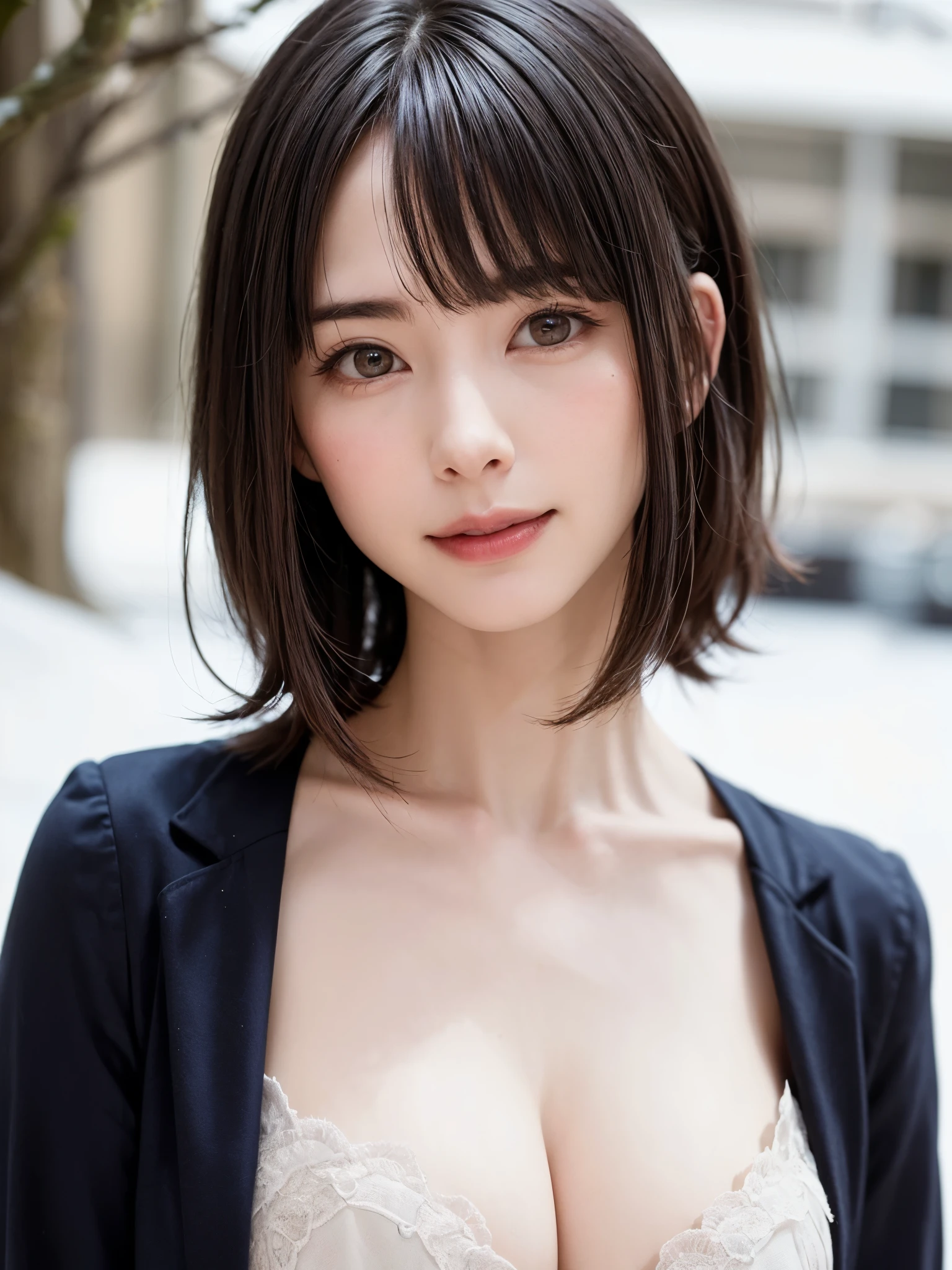 (masterpiece, highest quality),1 girl, alone, scarf, have, realistic, realistic, looking at the viewer, light colored black eyes, Brunette short bob hair with highly detailed shiny hair, Winter clothes, Whity, lips, bangs, outdoor, closed mouth, Upper body、Big eyes、eyelash、((There'There'There'There'There'There'There'There's really no background、really pure white background))、(((bangsのあるショートヘア、Big eyes、big and full chest、look at the audience、beautiful beauty、show me your ears、long neck、smile、please close your mouth and smile)))、ideal body proportions、(Tree-lined avenues in the winter wilderness of England)、{Huge|big|Hugeな|mega} chest, cleavage、Beautiful face in symmetry:1.6