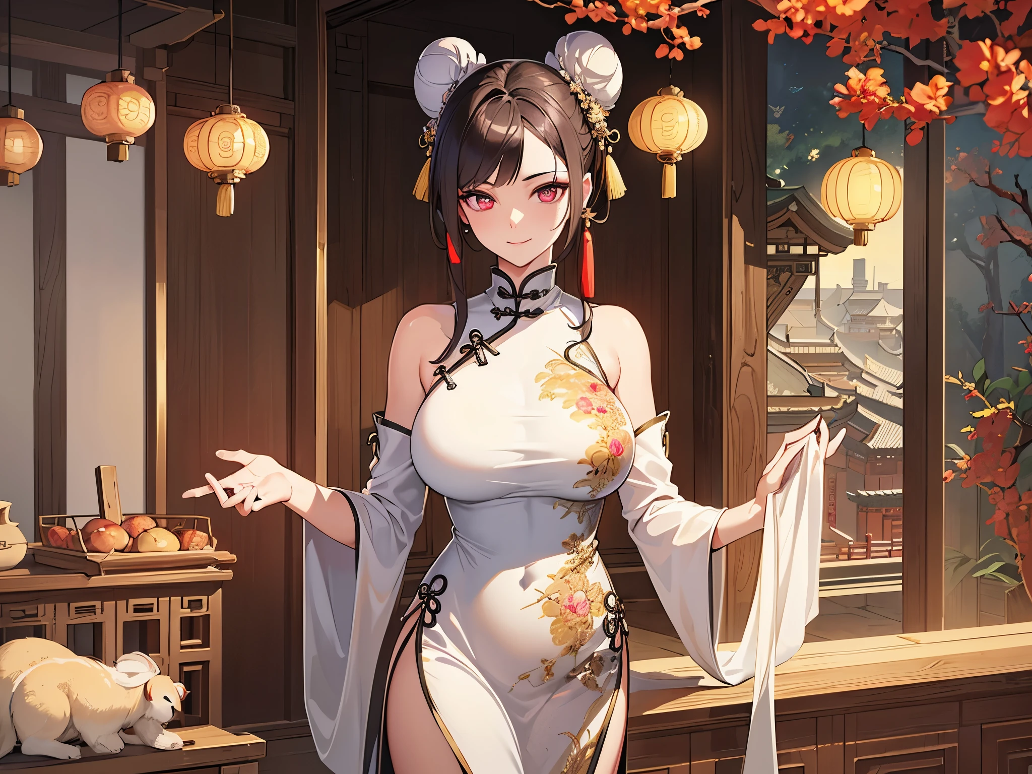 ((highest quality)),(ultra high resolution),(Super detailed),(detailed description),((best CG)),(best work of art),super precision art,amazing drawing art,(Chinese style art with precise details:1.5), (adult women:1.7),(beautiful and well-shaped face:1.6),(long slit eyes:1.7),(A Chinese dress dyed with a precise and detailed gradation.:1.7),(Bun head:1.6),smile, river with clear water,waterfall:1.4,open forest