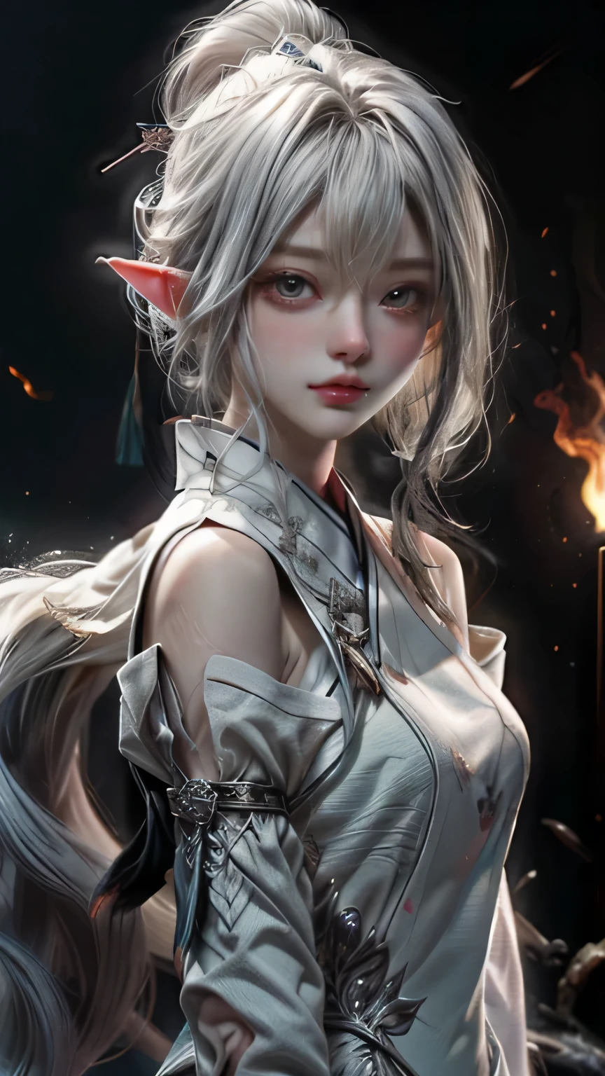 silver hair,wizard&#39;cane,(masterpiece, Highest quality, Highest, official art, beautiful and aesthetic, exposed for a long time: 1.2), smooth movement, attractive pattern, 1 girl, (long dress with sleeves: 1.3), (((white clothes) )), Upper body close-up, bare shoulders, Big eyes, blush, black lob hair, portrait, alone, Upper body, observe the observer, detailed background, detailed face, (crystal AI, crystal theme:1.1), fire elf, Rotating wind, control the flames, White crystal clothes, dynamic pose, suspended particles, ether dynamics, whirlwind, vapor, whirlwind in the background, white tone, whirlwind, great atmosphere,blonde,elf, silver hair, plump face,emerald green eyes:1.5,random pose、single、round face,wizard with big jewel&#39;cane、manipulate the flames
