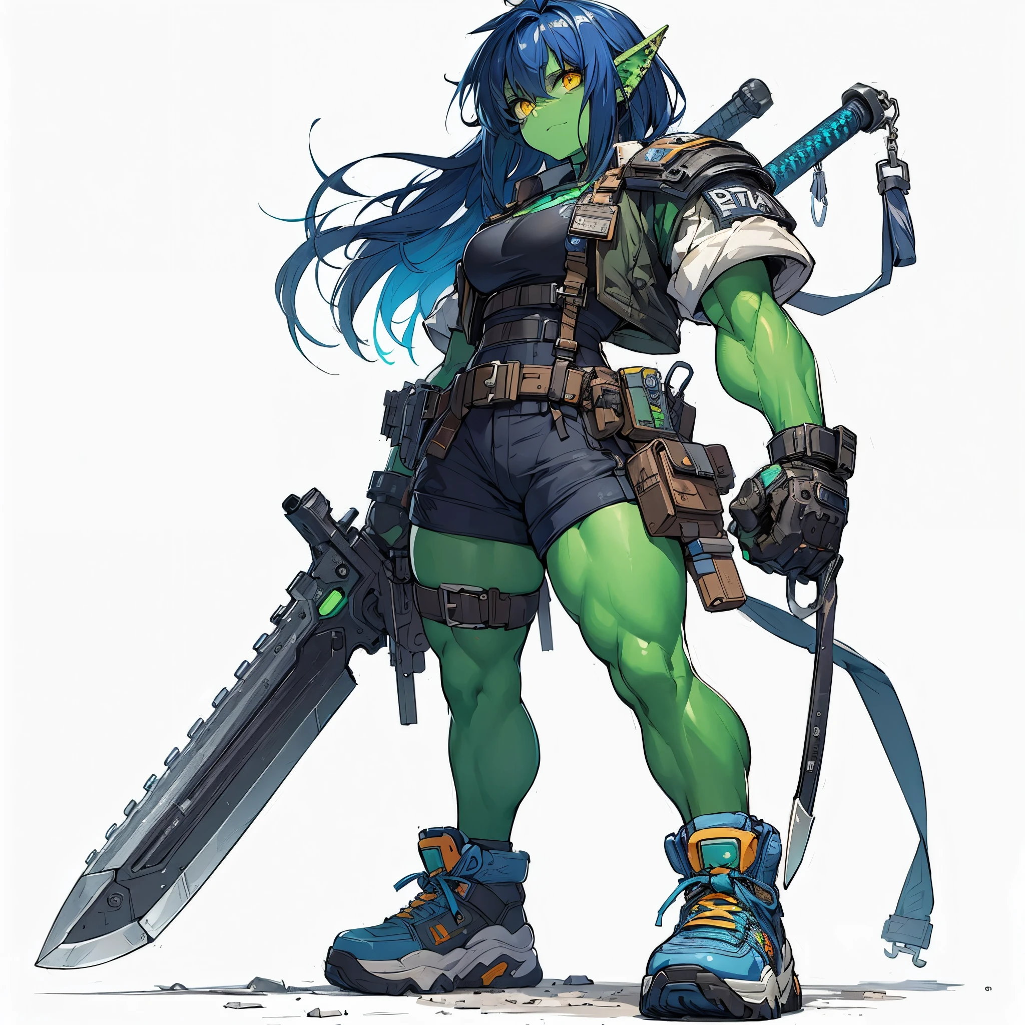 (masterpiece, Best Quality), (Perfect athlete body:1.2), (detailed hairs), Ultra-detailed, Anime style, solo, Cyberpunk orc girl, Muscular but feminine body shape, wearing a work uniform, night blue hair and yellow eyes, pale green skin, holds a huge creaver sword, wears high tech sneakers, standing in wasteland, white background, whole body,