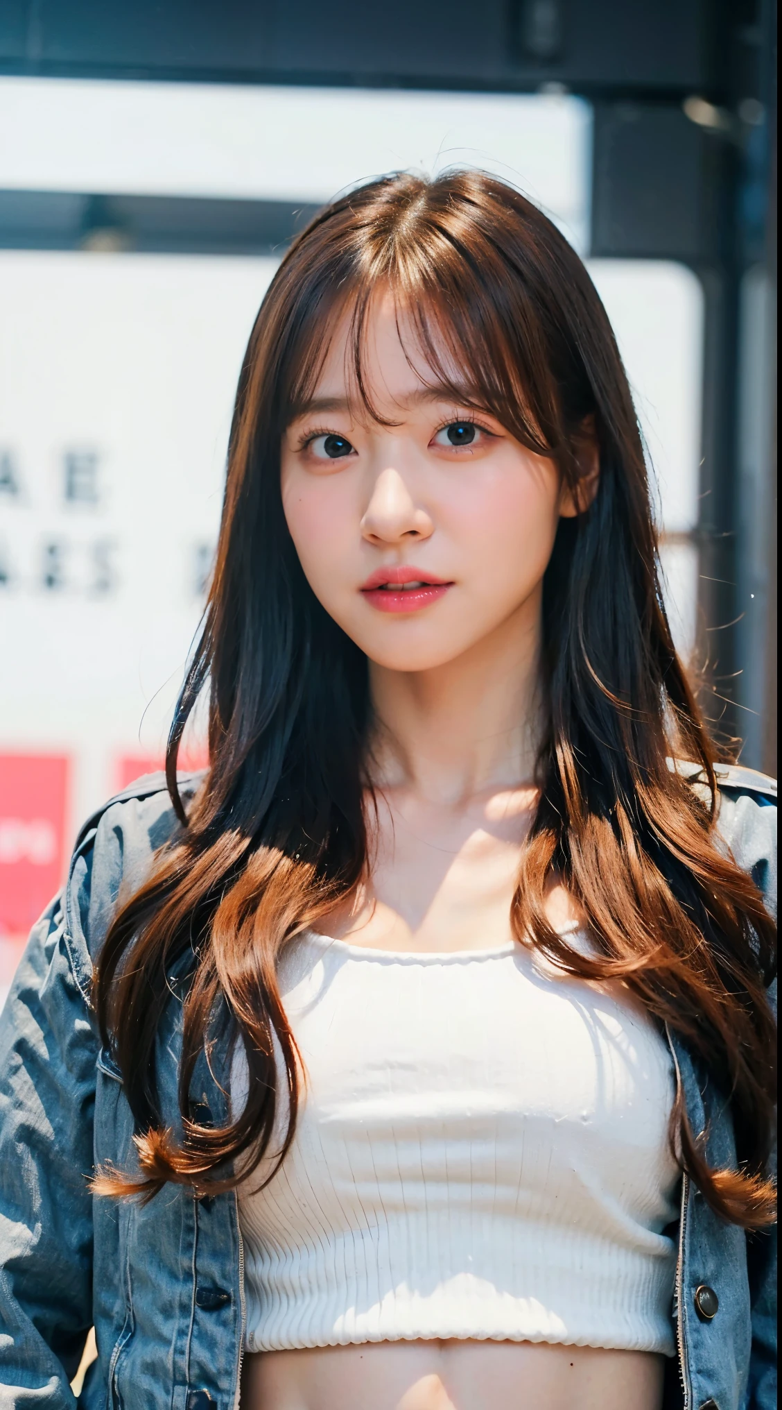 (8K、Raw photo、highest quality、masterpiece:1.2)、(realistic、Photoreal)、(very big breasts:1.1)、stylish jacket style、fashionable、Angle from slightly below、look down