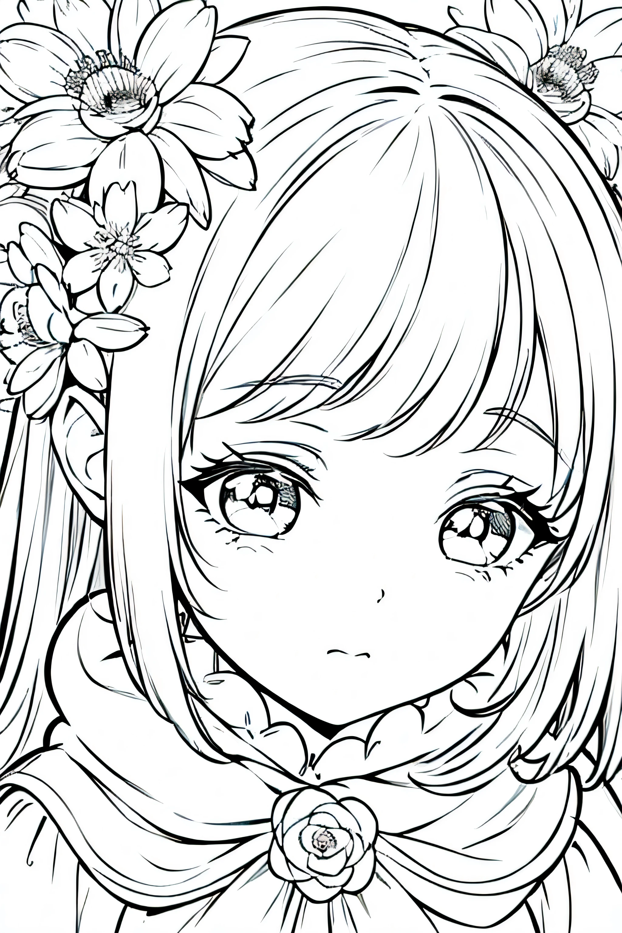 Detail face, ((Perfect details)), Cold light, ((Data in eyes)), ((Data embellishment hair)), Line drawing, Monochrome, Line drawing cute baby, white hair, flower line drawing background