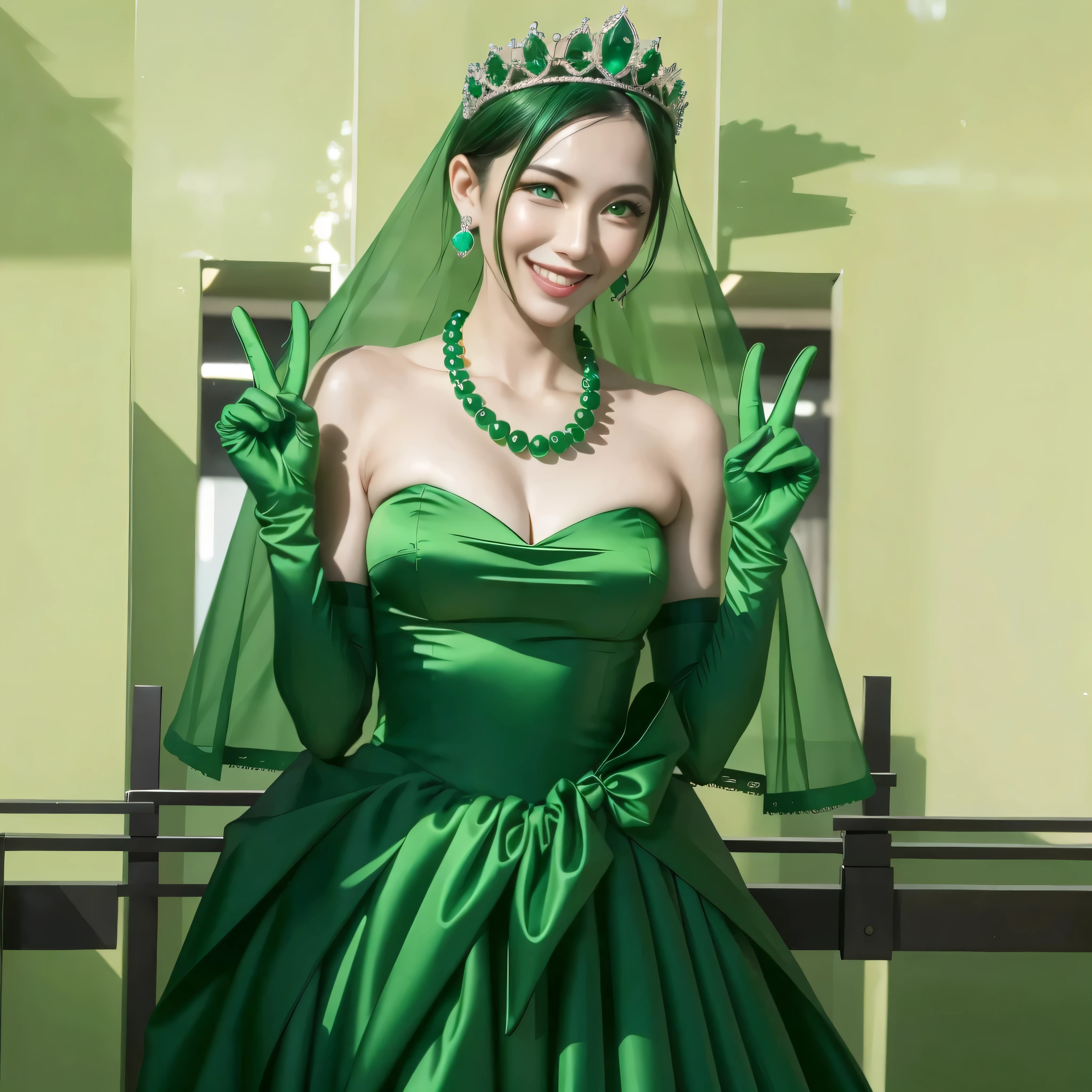 emerald tiara, green pearl necklace, Boyish green berry short hair, lipstick, Smiling Japan woman, very short hair, big breasts beautiful, green eyes, Green long gloves made of satin material, green eyes, V sign, emerald earrings, 30 generation women
