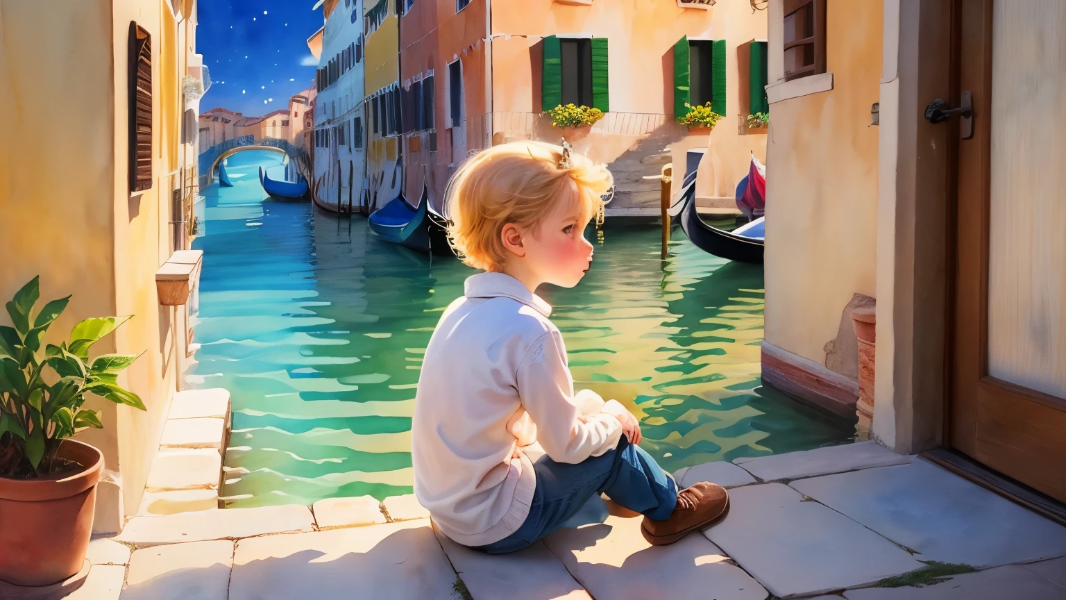 The Little Prince  in venice (watercolor illustration, soft pastel)