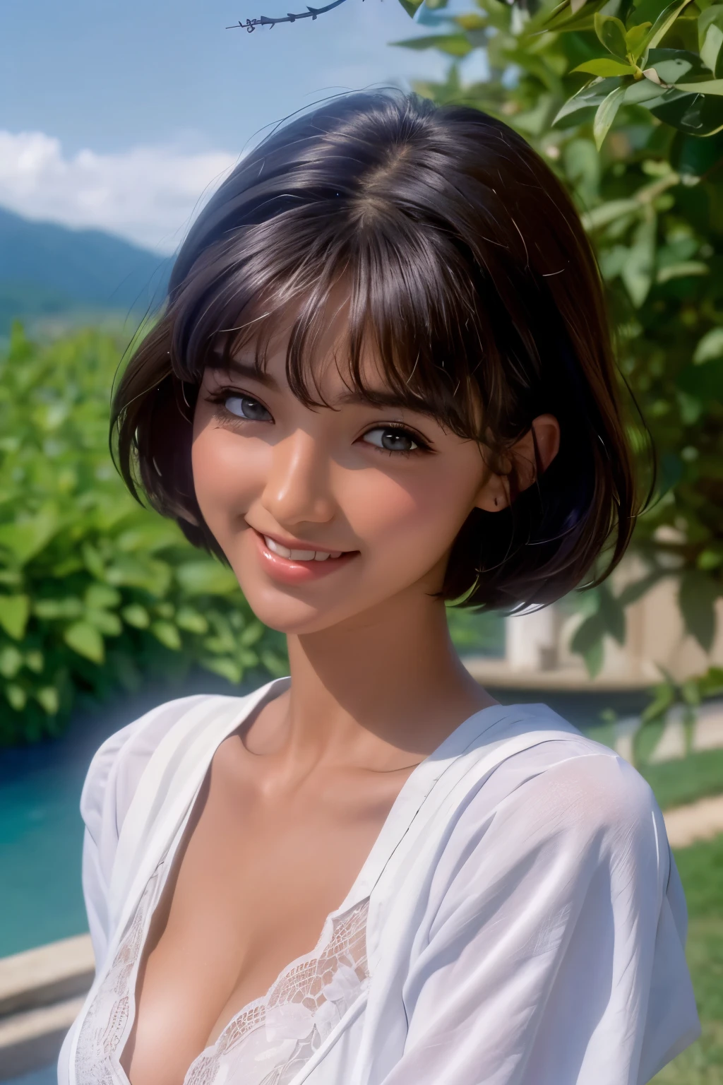 (on the table, best quality、ultra high resolution、face focus focus、Focus on the side、navel focus、low cut focus、Very attractive beauty、Add intense highlights to your eyes、Look closely at the camera:1.4、Absolutely beautiful bangs:1.4、Brunette short bob haircut with bangs:1.4),1 girl, Report, black haired, actual, looking at the audience, Pale black eyes, short hair, lips, lip gloss, Upper body、big eyes、eyelash)、((italian nature background、Super real:1.4))、((short hair with bangs:1.4、46 points nice bangs:1.4、{巨big deal|big deal|巨big dealな|mega} Chest:2, split:2、big eyes、Give students a very powerful highlight、very big dealger Chest、look at the audience、very beautiful beautiful、show me your ears、Beautiful long neck、beautiful shoulders、Smile、A Smilee　beautiful teeth、Open your mouth and Smilee))、28 years old、Very cute super model、perfect anatomy