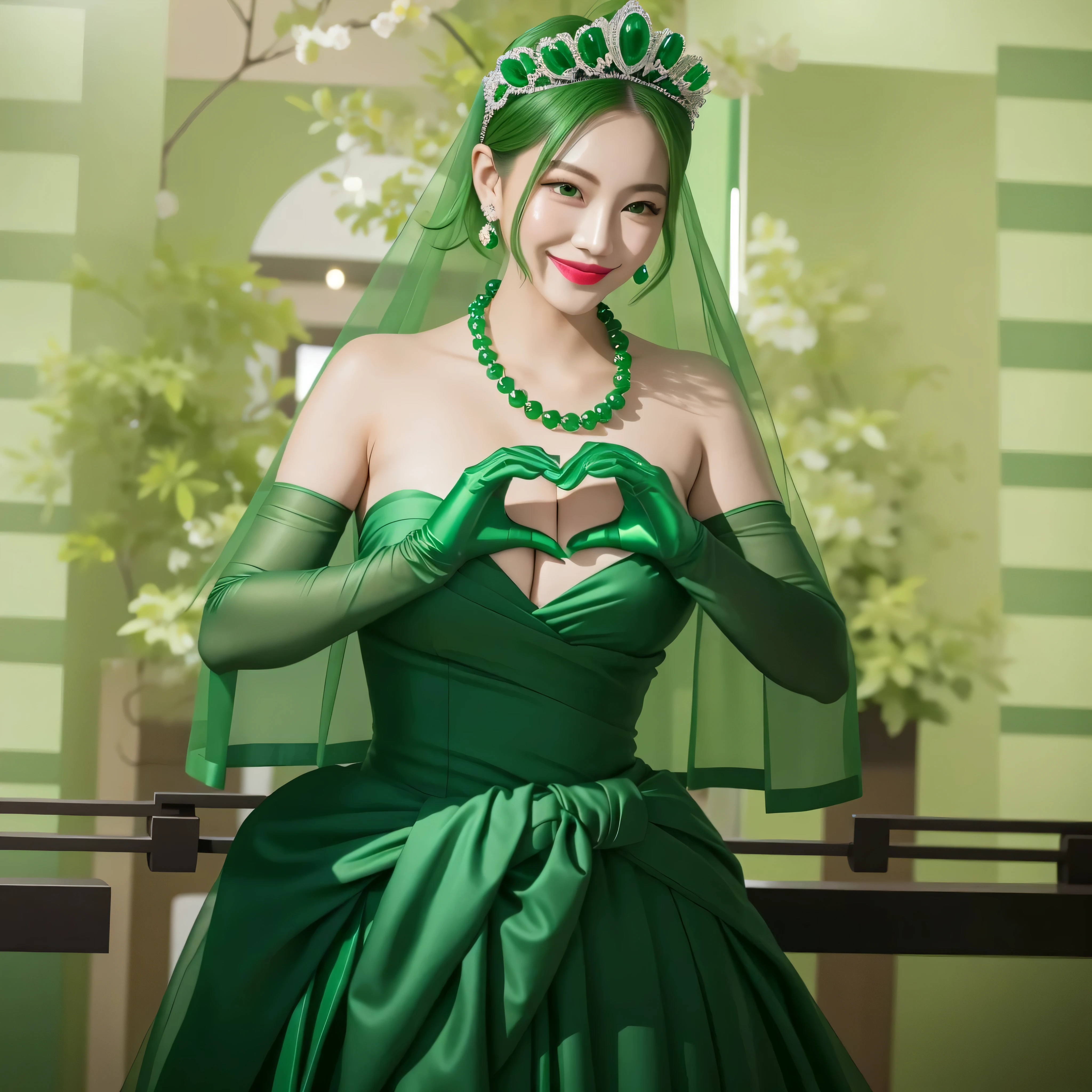 emerald tiara, green pearl necklace, boyish very short green hair, green lips, smiling Japanese woman, very short hair, Beautiful woman with , green eyes, green satin long gloves, green eyes, emerald earrings, green veil, Heart with both hands, green hair, beautiful japanese woman, heart shaped hands:1.3, green lip gloss