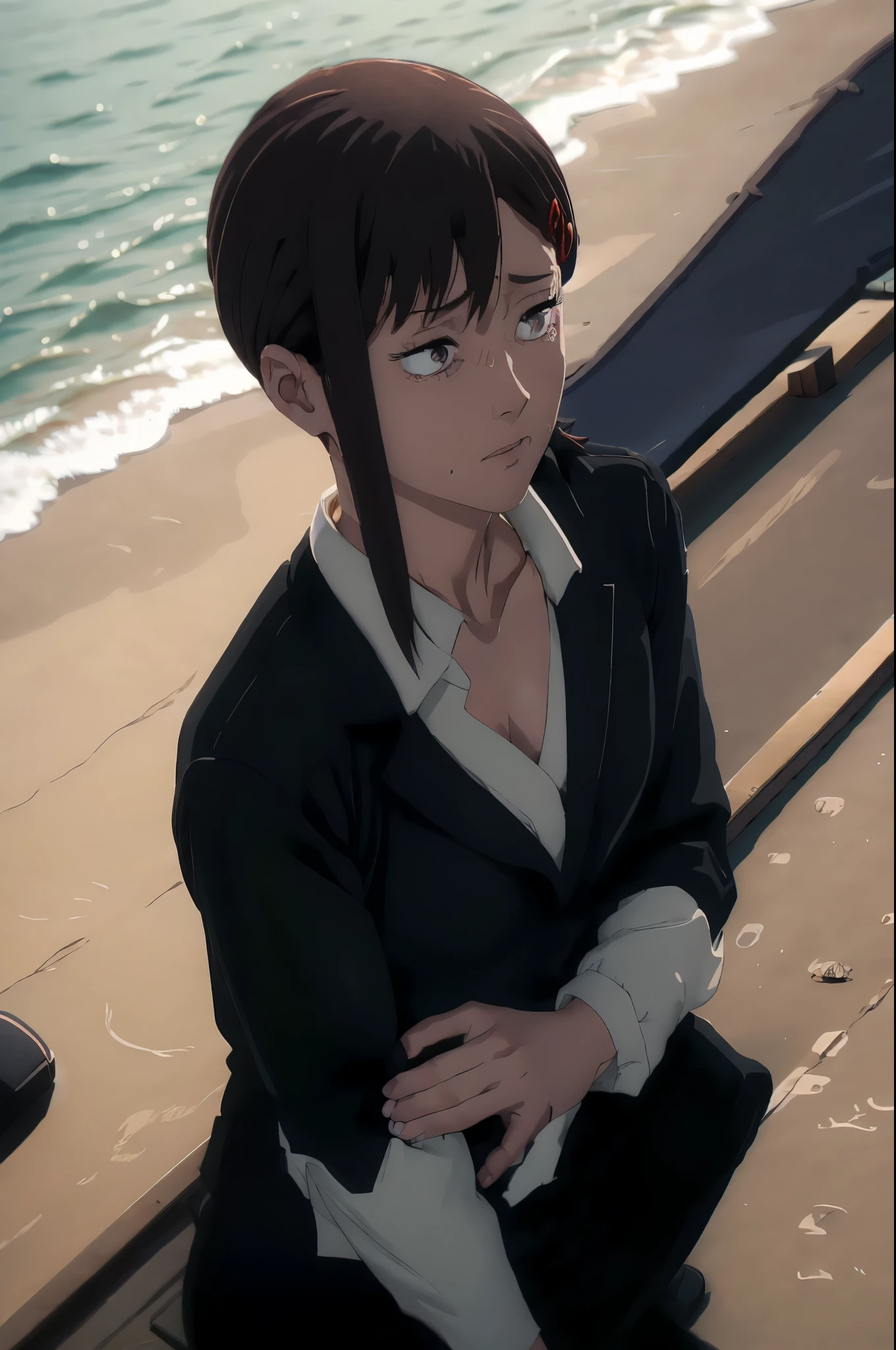 kobeni from chainsawman, black vivid eyes, with her iconic two red hair clips, sweating, wearing white long sleeve, cleavage, black dark business pants, sitting on beach chair, beach setting, outdoors, panicking, daytime, busy day, sunny, lens flare