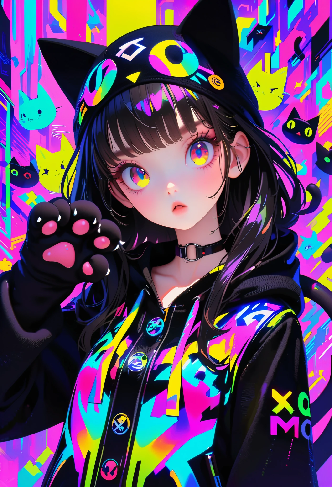 Style 5，Style 7，Anime girl with black hair and cat hat, anime style illustration, Moe Art Style, Wallpaper 8K, digital illustration, beautiful catwoman, She wears a hoodie with animal ears and technowear, futuristic fashion in black and holographic colors, Lots of details and buttons on it, Cable protruding from the casing, The background is a simple pattern with cat figures and paws, purple and black, black cat eyes, holographic, holographic細節