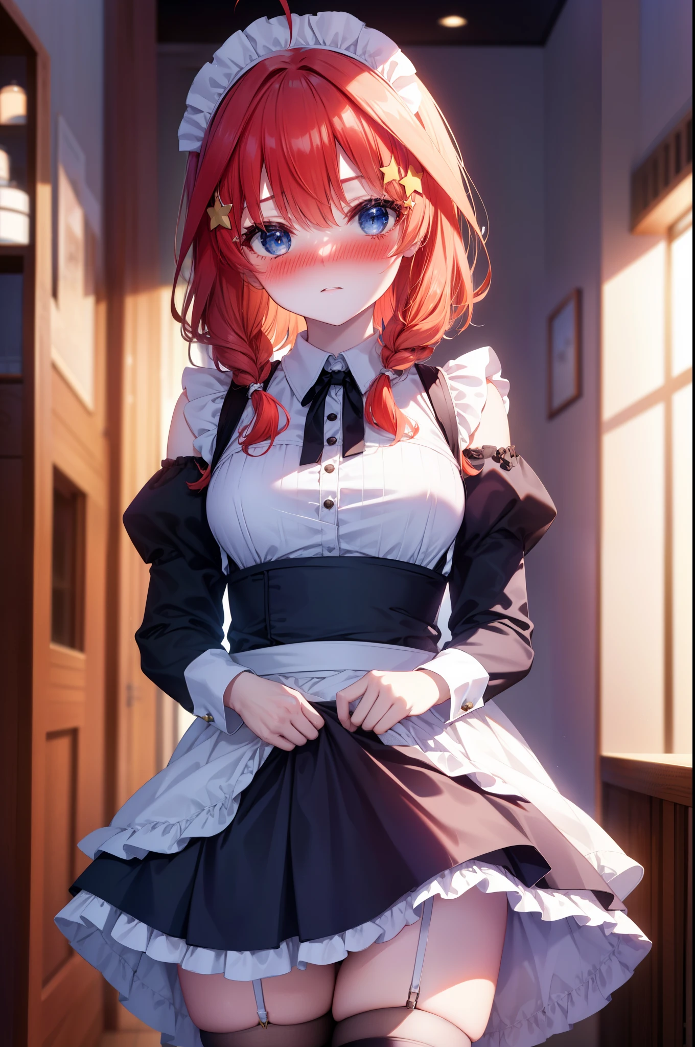 itsukinakano, itsuki nakano, bangs, blue eyes, hair between eyes, Ahoge, redhead, star \(symbol\), blush,embarrassing,hair ornaments,long hair,short braided hair, star hair ornaments,she was wearing a maid&#39;s long skirt,maid off shoulder uniform,bare shoulders,bare chest, white stockings on her legs, Lift the long skirt with both hands,
break indoors, coffee shop,
break (masterpiece:1.2), highest quality, High resolution, unity 8k wallpaper, (shape:0.8), (fine and beautiful eyes:1.6), highly detailed face, perfect lighting, Very detailed CG, (perfect hands, perfect anatomy),