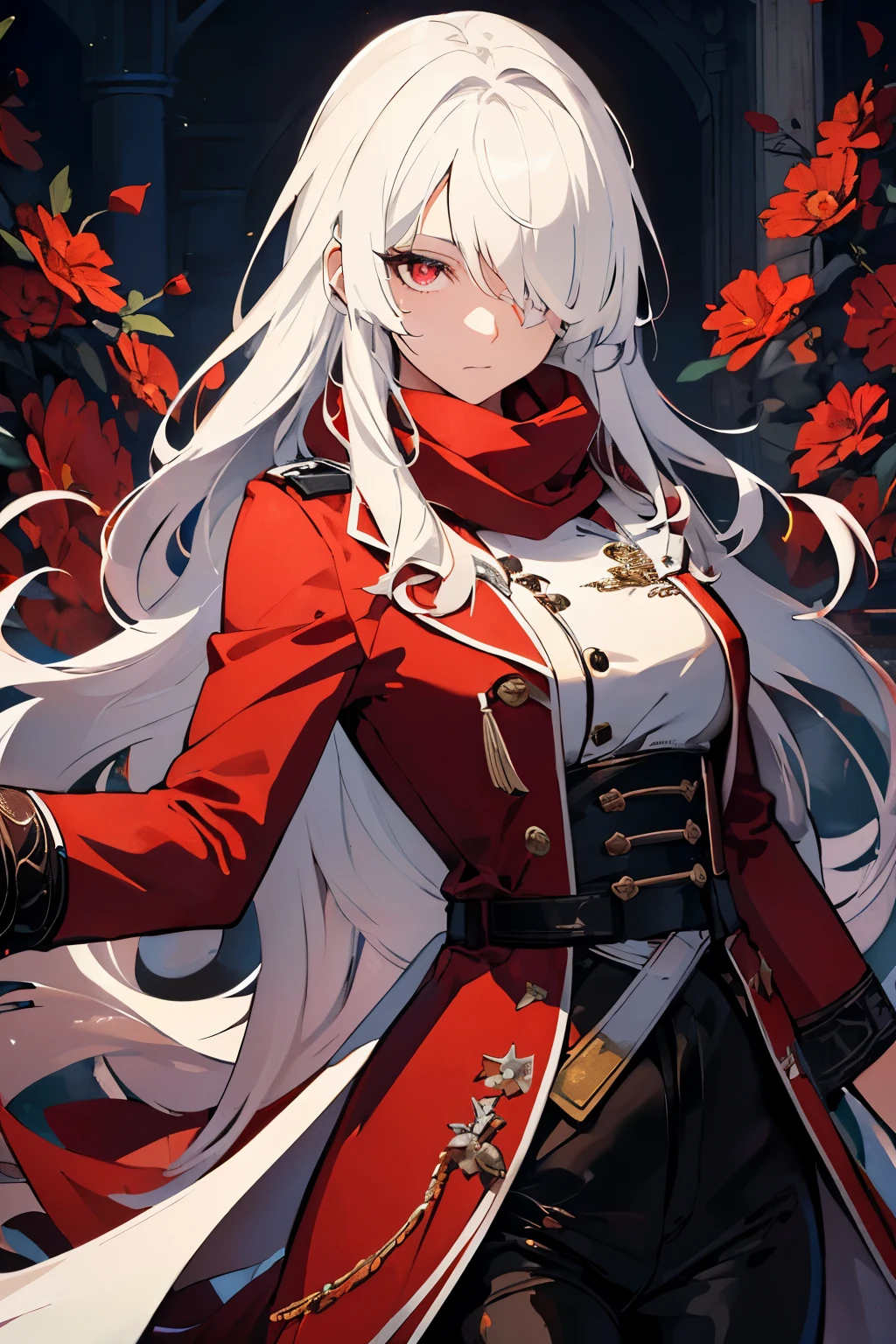 (best quality:1.3), (masterpiece:1.3), (illustration:1.3), (ultra-detailed:1.3), (mid shot:0.9), 1girl, white hair, large breasts, heterochromia, red eyes, long hair, ((hair over one eye)), red scarf, nice hands, perfect hands, red flowers, serious expression, red coat, elegant, military, black long pants, alpha, from front, Japanese, 