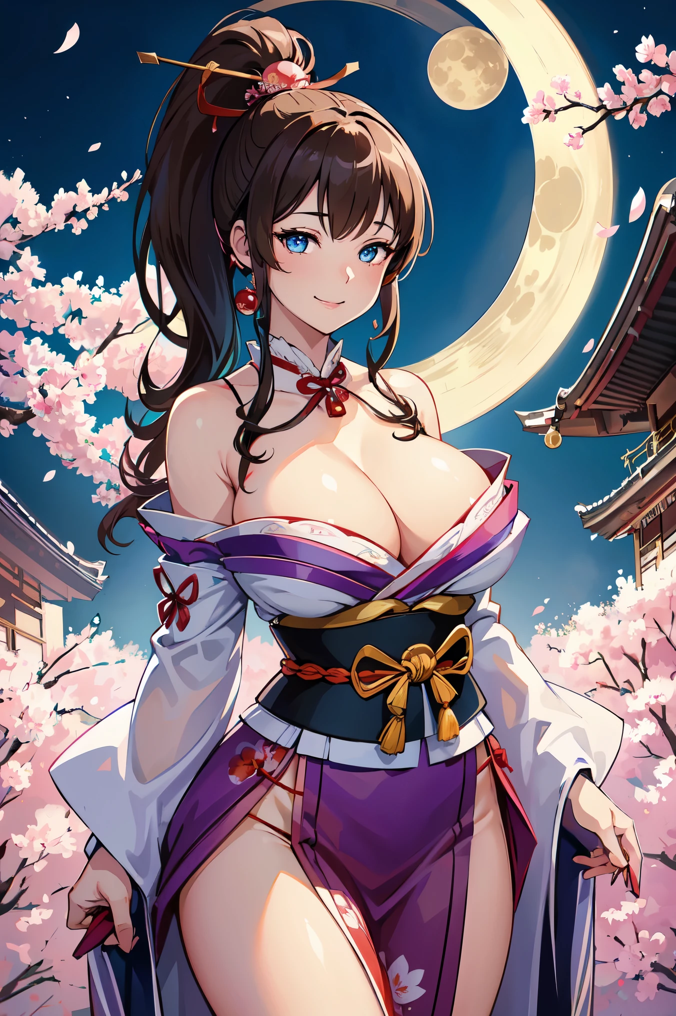 Insanely big,Erotic kimono that shows cleavage,blue eyes,thighs thighs thighs,smile,absurd,High resolution,super detailed,(Accurate and unique illustrations:1.3),brown hair,ponytail,blue eyes、turn your arms behind your back,Red ruffled kimono:1.3,pink ribbon:1.1,cherry blossoms illuminated:1.3,(temple:1.2),(full moon:1.3)