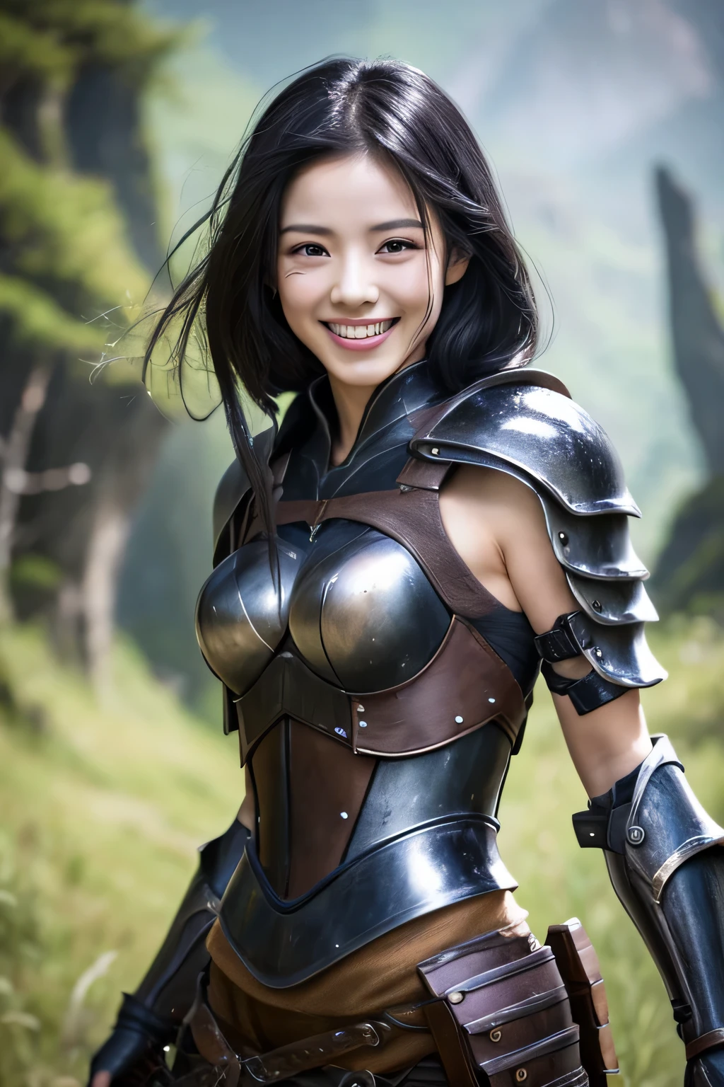 highest resolution, 4k, masterpiece: 1.3), japanese mature, photo of a woman, sexy, fine eyes, slender body shape, realistic teeth, double eyelid, full body, highest quality, be familiar with, equipped with armor, in a fantasy world, The background is a parallel world、smile、beautiful teeth、black hair