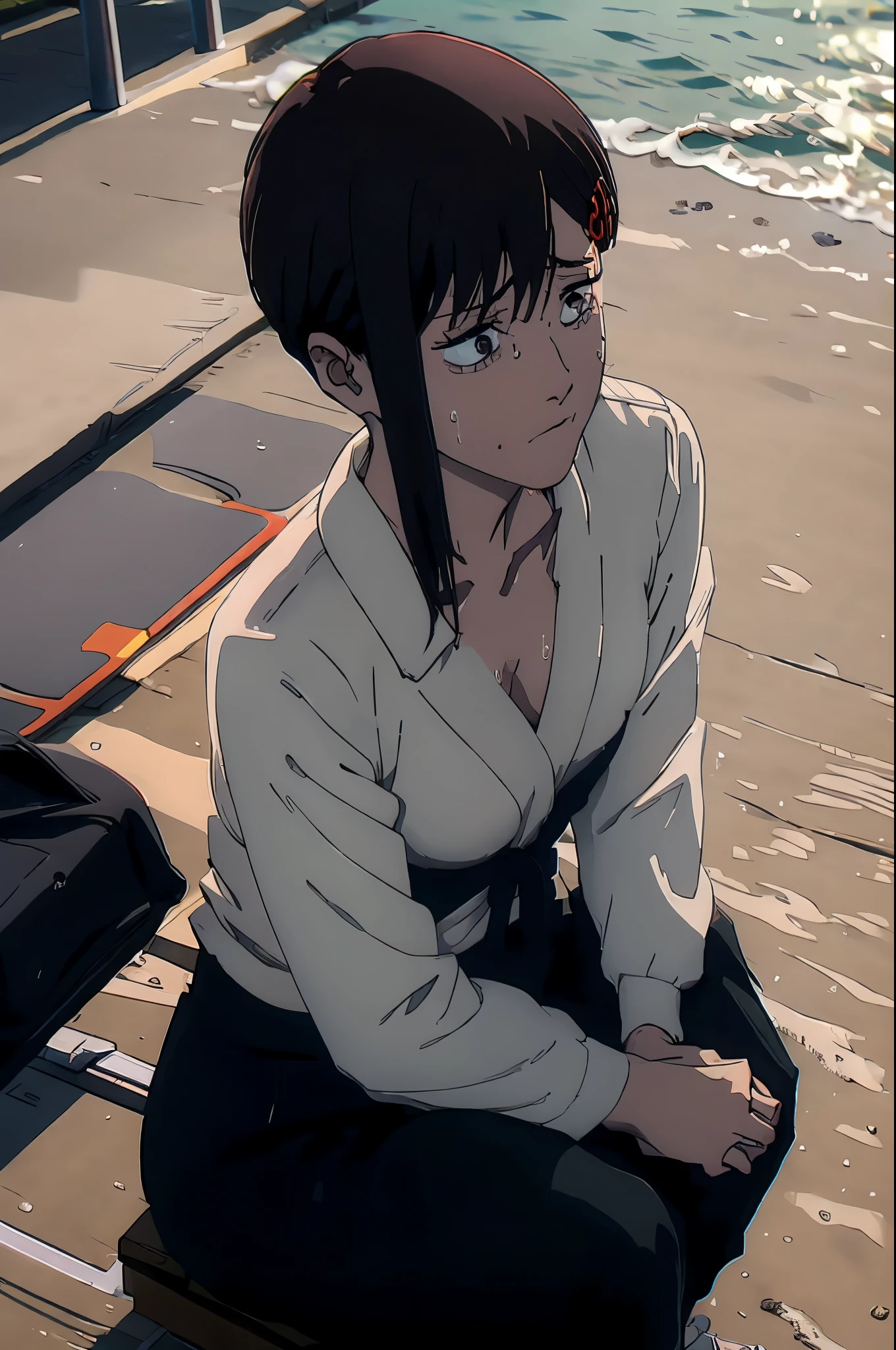 kobeni from chainsawman, black vivid eyes, with her iconic two red hair clips, sweating, wearing white long sleeve, cleavage, black dark business pants, sitting on beach chair, beach setting, outdoors, panicking, daytime, busy day, sunny, lens flare