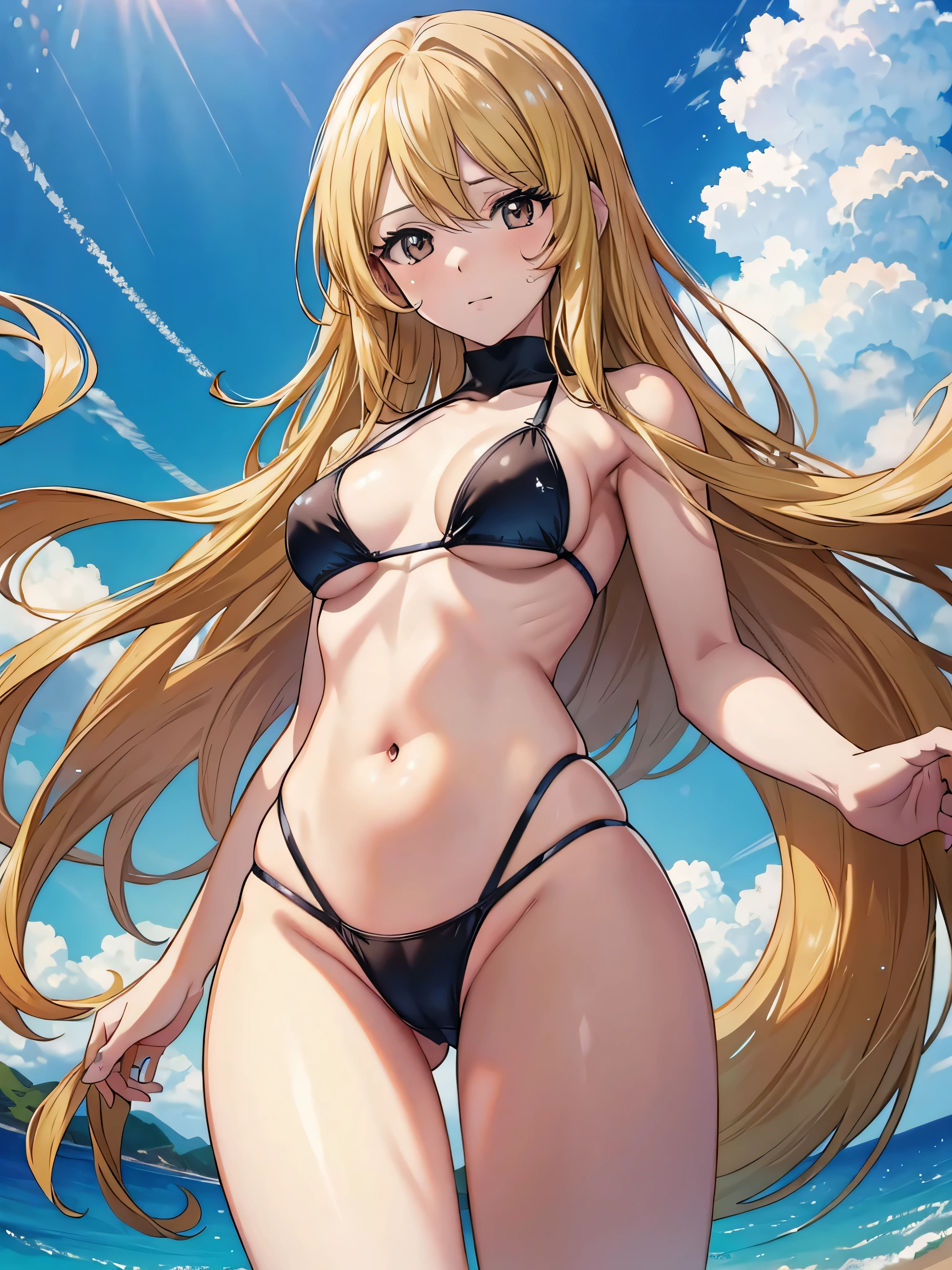 (masterpiece:1.2), masterpiece, best quality, ultra detailed, ultra high res, photorealistic, 8k, highest quality, masterpiece, best image quality, Super detailed, ultra high resolution, Photo-realistic depiction, anime, comics, long hair, blonde, adult woman, alone, Highly detailed art buds, official artwork, shiny skin, shiny skin, professional lighting, Slender figure, body gloss, pink cheek, embarrassed face, brown eyes, Watery eye, micro bikini, (from below:1.5), cameltoe, beautiful blue sky, Fine sunny day, The sun is bright
