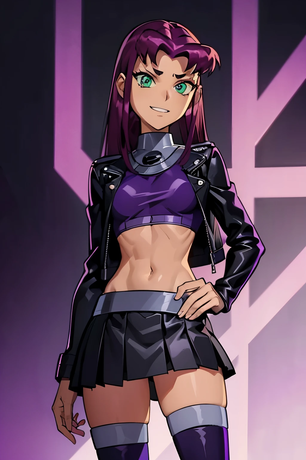 starfire_wearing_a_black_leather_jacket_and_a_pleated_black_skirt, shiny_purple_top_under_jacket, midriff, skinny, beautiful, long_bright_scarlet_hair, green_eyes, confident_pose, arrogant_smile, arrogant_expression, sexy, high resolution, 8k