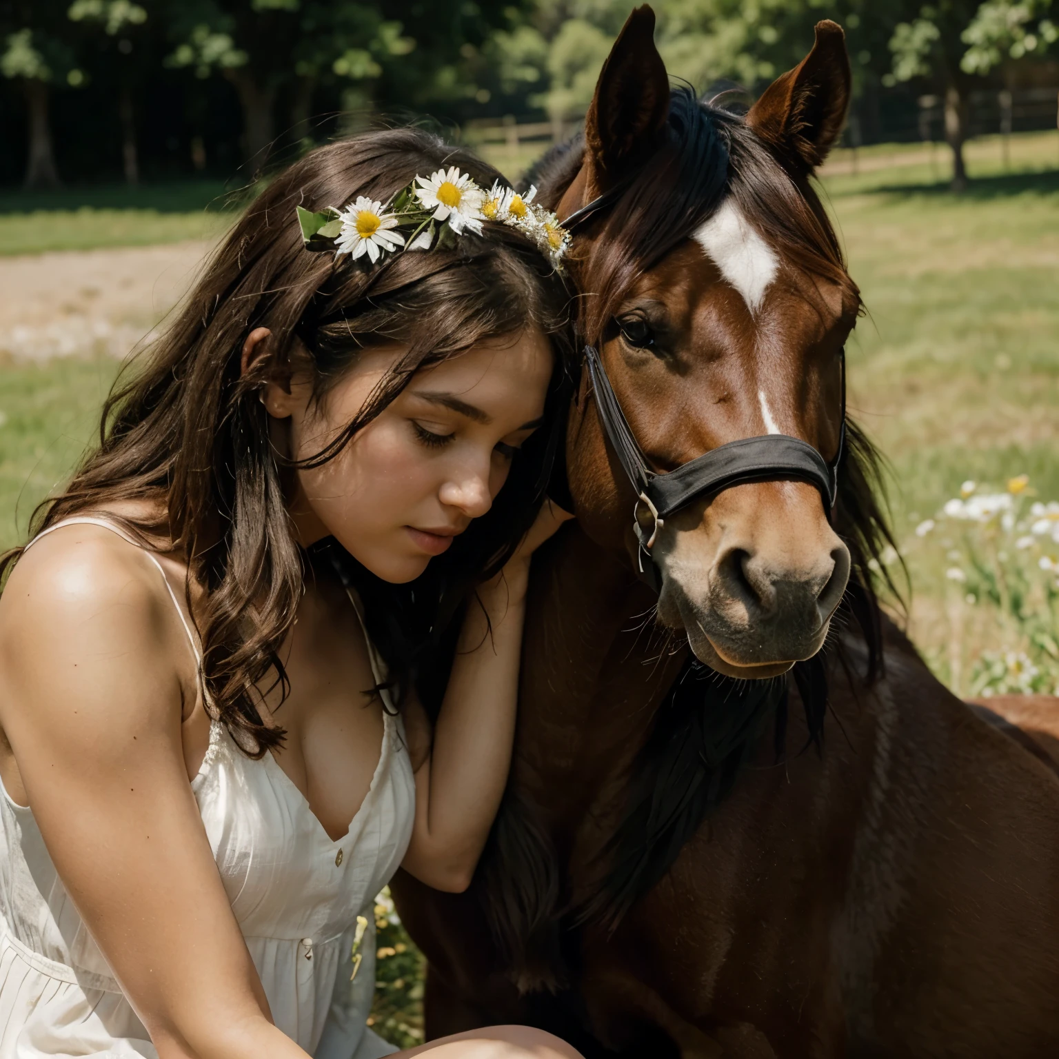 A captivating watercolor painting captures the essence of a tender moment between a young girl and a massive black Clydesdale horse. The girl, with her loose curly brown hair, dons a white sundress and a wreath of daisies, embodying innocence and playfulness. She sits next to the gentle giant, who delicately presses its nose against her face. The girl, with eyes full of love and curiosity, embraces the horse, providing comfort and understanding in their bond. The soft diffused light bathes the scene in a warm, intimate glow, casting delicate shadows. The low viewing angle invites the viewer to become an intimate part of this idyllic and gentle encounter, evoking a sense of nostalgia and the beauty of nature.