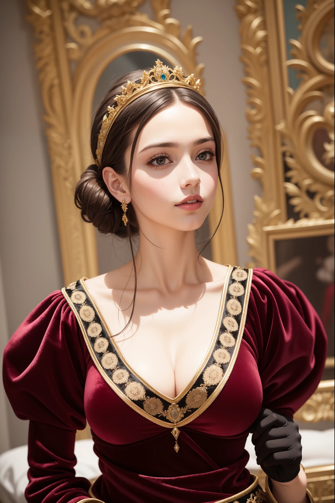 (((black))) beautiful ((thick)) hair (((brunette))), beautiful hairstyle of an aristocrat, a beautiful girl of European appearance (European image), a medieval princess in a long (burgundy) dress made of fabric (((velvet))), a colorful Renaissance dress ((rich decoration)), (black gloves), a medieval fantasy outfit, bright juicy colors