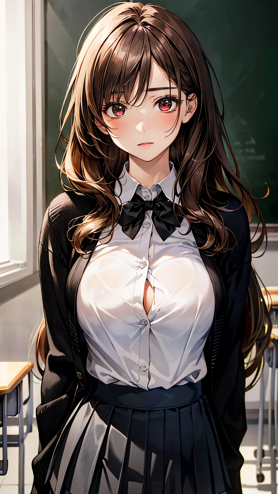 (masterpiece:1.2, top-quality), (realistic, photorealistic:1.4), beautiful illustration, (natural side lighting, movie lighting), ,
looking at viewer, (face focus, upper body), 1 girl, japanese, high school girl, perfect face, cute and symmetrical face, shiny skin,
(very long hair:1.5, layered hair:1.4, light brown hair), crossed bangs, brown eyes, big eyes, drooping eyes, long eye lasher, (large breasts:1.5), slender,
beautiful hair, beautiful face, beautiful detailed eyes, beautiful clavicle, beautiful body, beautiful chest, beautiful thigh, beautiful legs, beautiful fingers,
((overly long sleeve black cardigan, white collared shirts, black pleated mini skirt), dark red bow tie),
(beautiful scenery), evening, (school classroom, blackboard), standing, (expressionless, chestnut mouth),