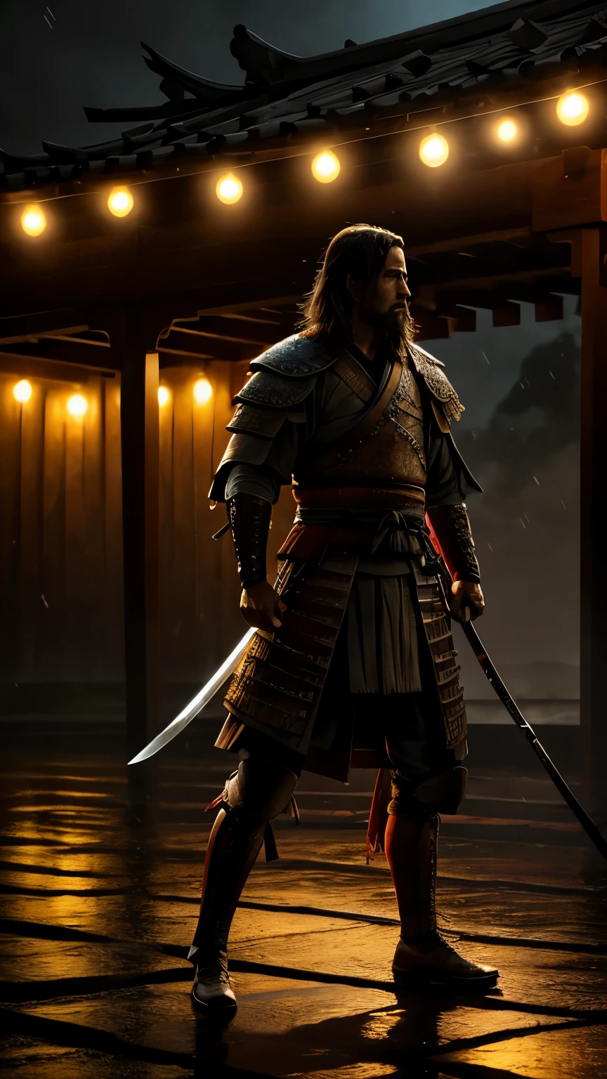 Samurai empujando una espada filosa, gotas de lluvia en el alrededor, rostro de grito de batalla: realistic epic, soft cinematographic portrait, Adobe Lightroom, photography laboratory, muy detallado, despondent, (colores neutros: 1.2), (HDR: 1.4), (colores suaves: 1.2) ), hiperdetallado, (art station:1.4), cinematographic, warm lights, dramatic light, (Detalles intrincados:1.1), fondo complejo, (rutkowski:0.66), (azul y naranja:0.4)