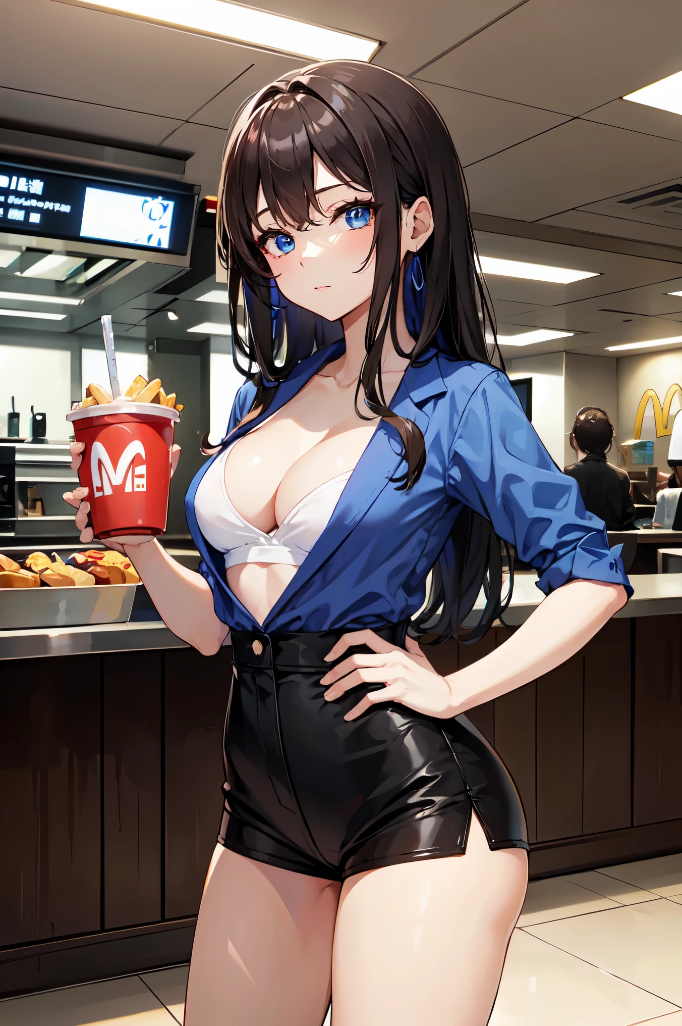 masterpiece, highest quality, High resolution, 
cowboy shot, Front view,
魅力的な成熟したmcdonaldsのキャッシャーの谷間, mcdonalds, rim lighting, 
1 girl, alone, long hair, blue eyes, medium breasts,
looking at the viewer,  
beautiful face, Beautiful and detailed brown eyes, beautiful body, beautiful breasts, beautiful thighs,