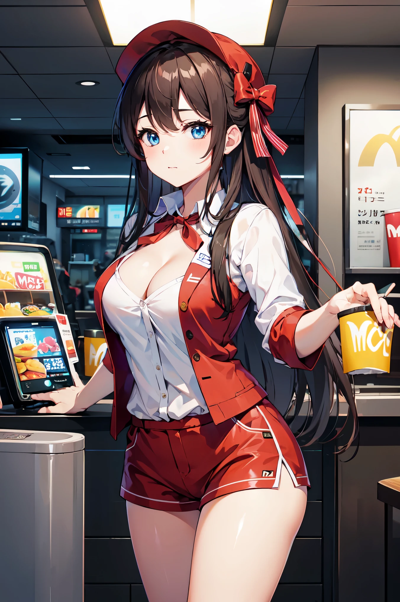 masterpiece, highest quality, High resolution, 
cowboy shot, Front view,
魅力的な成熟したmcdonaldsのキャッシャーの谷間, mcdonalds, rim lighting, 
1 girl, alone, long hair, blue eyes, medium breasts,
looking at the viewer,  
beautiful face, Beautiful and detailed brown eyes, beautiful body, beautiful breasts, beautiful thighs,