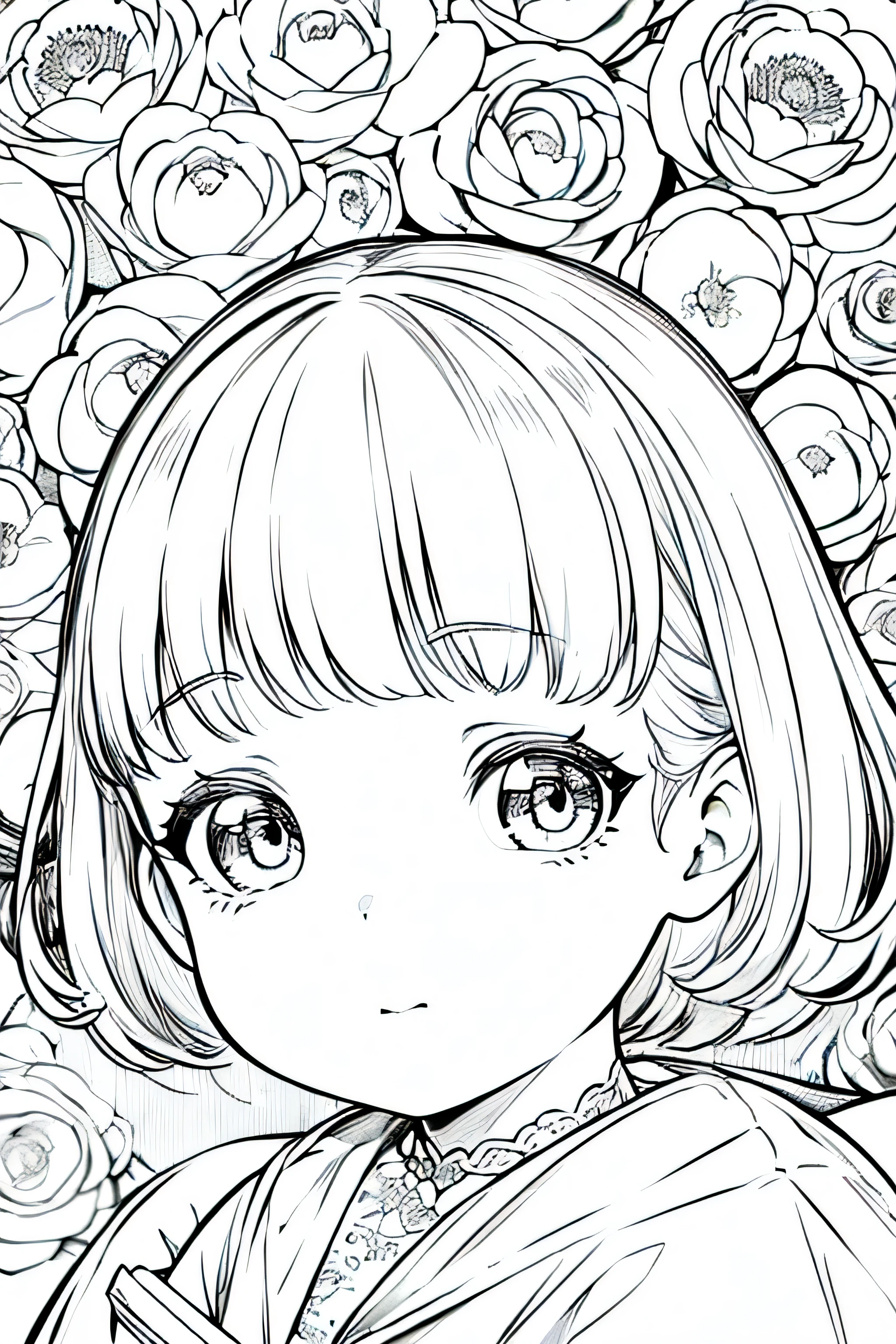 Detail face, ((Perfect details)), Cold light, ((Data in eyes)), ((Data embellishment hair)), Line drawing, Monochrome, Line drawing cute , white hair, flower line drawing background