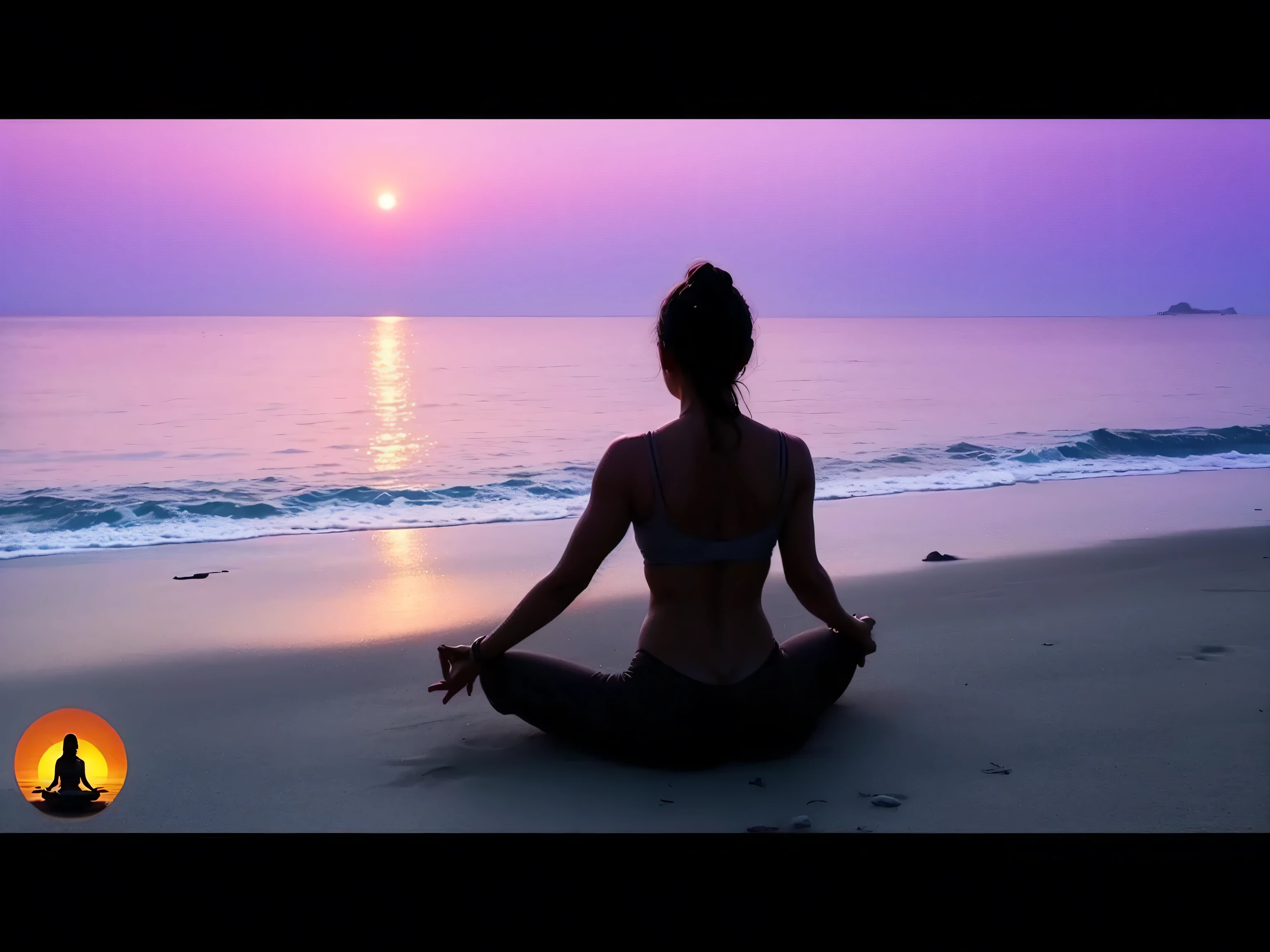 woman sitting in lotus position on beach with sunset in background, 4 k'', hindu stages of meditation, serene, yoga, 4 k ], 4k], 4k serene, relaxing calm vibes, calm serene atmosphere, 4k-, 4 k -, 4k -, peaceful, relaxing on the beach at sunset, sunrise, meditation, youtube video, inner peace
