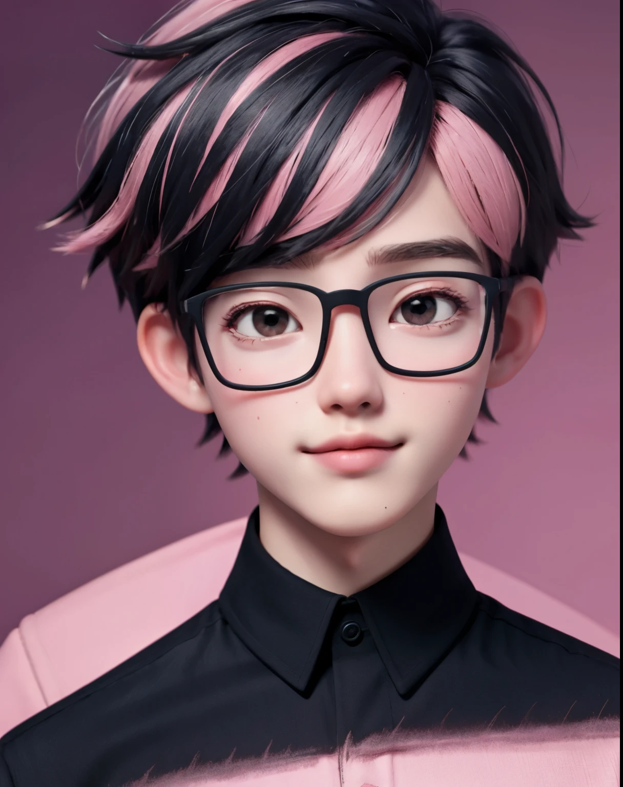 best quality, 1boy, solo, cartoon portrait , simple background, short hair, pink lips, black hair, black shirt, black glasses