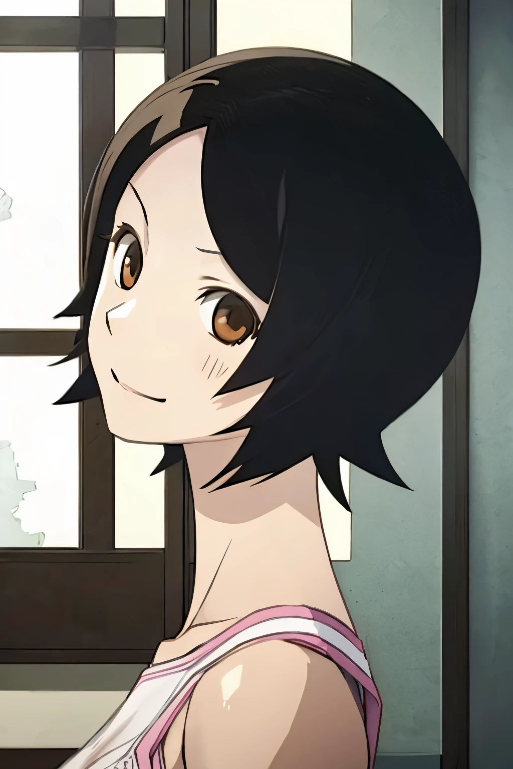 anime, looking at viewer, best quality, (masterpiece:1.2), highly detailed, background, indoors, 1girl, solo, NamiHitou, (((looking at the viewer))), (((face close up))), smile