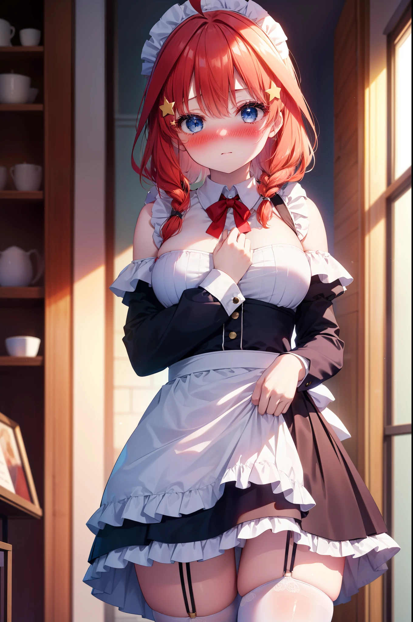 itsukinakano, itsuki nakano, bangs, blue eyes, hair between eyes, Ahoge, redhead, star \(symbol\), blush,embarrassing,hair ornaments,long hair,short braided hair, star hair ornaments,she was wearing a maid&#39;s long skirt,maid off shoulder uniform,bare shoulders,bare chest, white stockings on her legs, Lift the long skirt with both hands,
break indoors, coffee shop,
break (masterpiece:1.2), highest quality, High resolution, unity 8k wallpaper, (shape:0.8), (fine and beautiful eyes:1.6), highly detailed face, perfect lighting, Very detailed CG, (perfect hands, perfect anatomy),