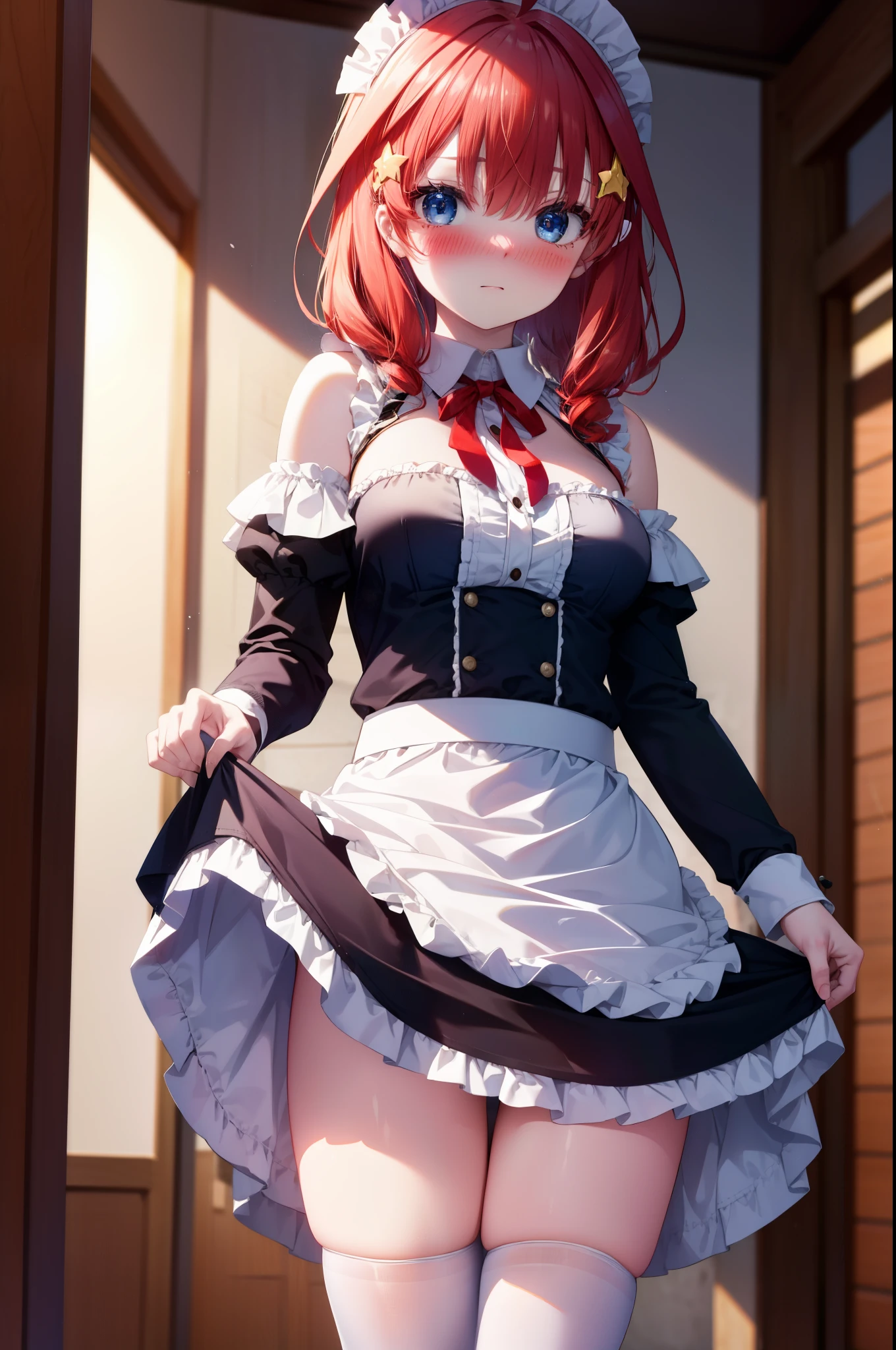 itsukinakano, itsuki nakano, bangs, blue eyes, hair between eyes, Ahoge, redhead, star \(symbol\), blush,embarrassing,hair ornaments,long hair,short braided hair, star hair ornaments,she was wearing a maid&#39;s long skirt,maid off shoulder uniform,bare shoulders,bare chest, white stockings on her legs, Lift the long skirt with both hands,
break indoors, coffee shop,
break (masterpiece:1.2), highest quality, High resolution, unity 8k wallpaper, (shape:0.8), (fine and beautiful eyes:1.6), highly detailed face, perfect lighting, Very detailed CG, (perfect hands, perfect anatomy),