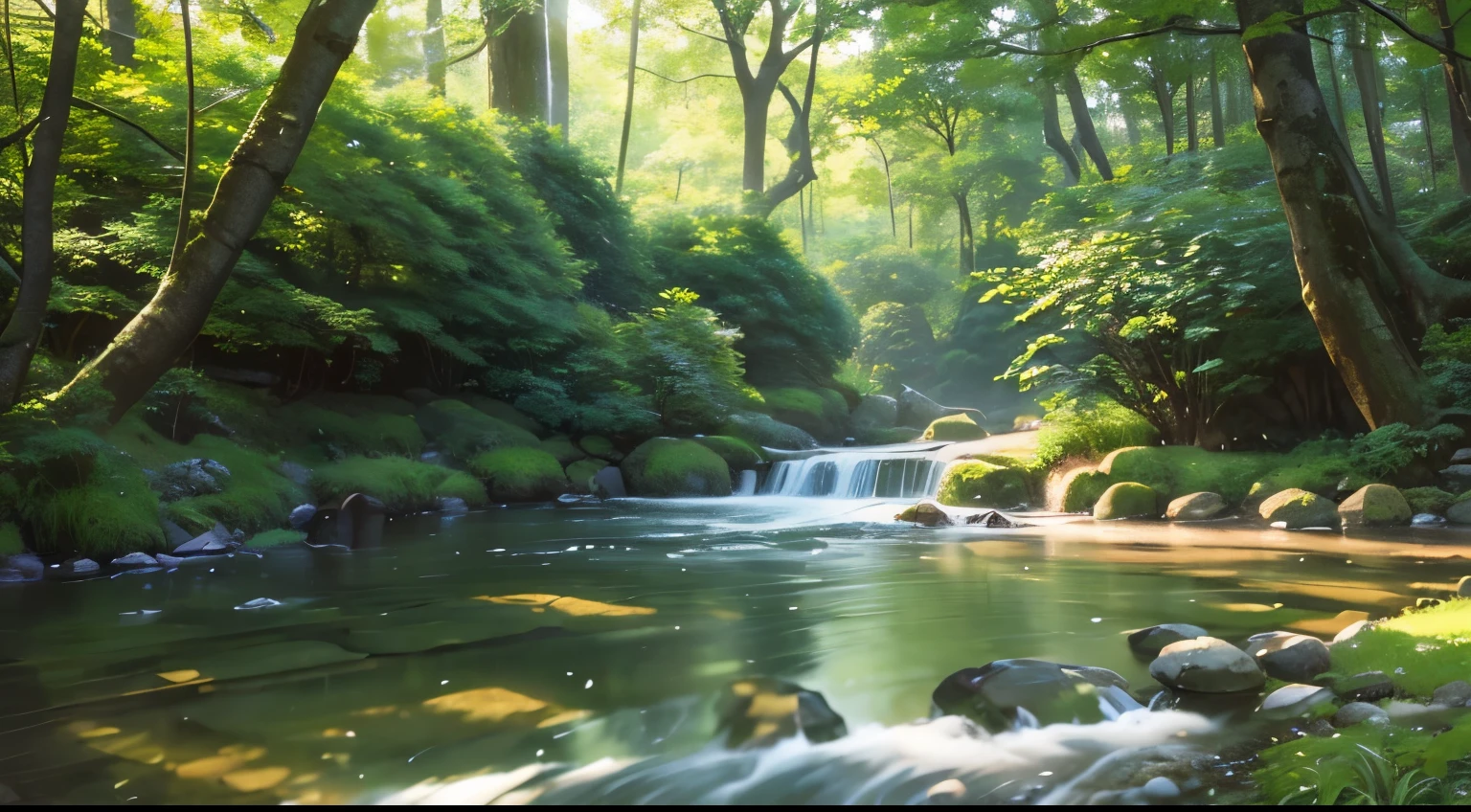 I took a photo of a peaceful moment spent in nature..。wood々Imagine a peaceful landscape bathed in soft morning light.。.。a gentle meandering stream、Surrounded by lush greenery。The overall atmosphere is calm and connected to the natural world.、Highlights the beauty and serenity of outdoor moments。