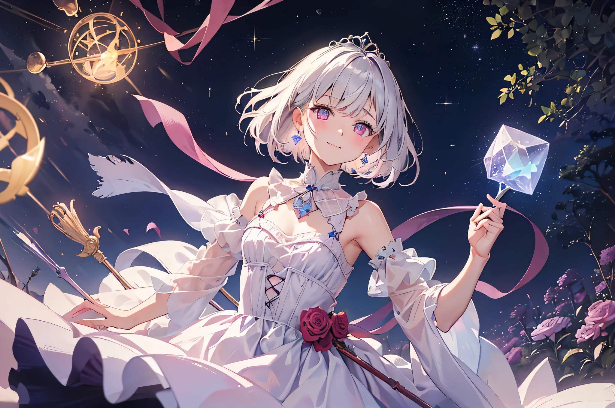 (best quality), (top-quality), (hight resolution), 8K images, (masterpiece), ((perfect face)), (detailed face), (detailed eyes), (clear lines), hair strand,Light skin, {{1girl}}, beautiful fantasy anime, top rated on pixiv, (short hair), (expressive eyes), (((light_pink eyes))), perfect face, grinning, (white silver hair), white hair, braided bangs, wind blowing hair, hair over eyes, earrings, {{{{{{{super flat chest}}}}}}}, {{{{{{{flat chest}}}}}}}, (flat chest), (holding a long magic scepters), little silver tiara, (red tulle quinceanera dress), red roses, vintage style, (tarot cards falling), (broken crystals), (in a purple sea), (night sky with full of stars), (magic circles), game spash art, fantasy, modern art, cool light --ar 3:2, (wide shot), excited pose
