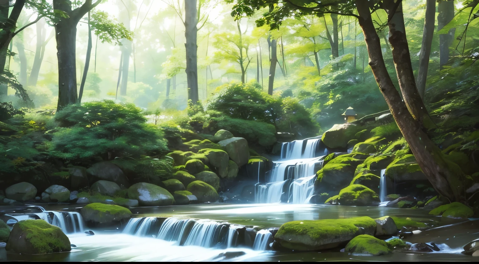 I took a photo of a peaceful moment spent in nature..。wood々Imagine a peaceful landscape bathed in soft morning light.。.。a gentle meandering stream、Surrounded by lush greenery。The overall atmosphere is calm and connected to the natural world.、Highlights the beauty and serenity of outdoor moments。