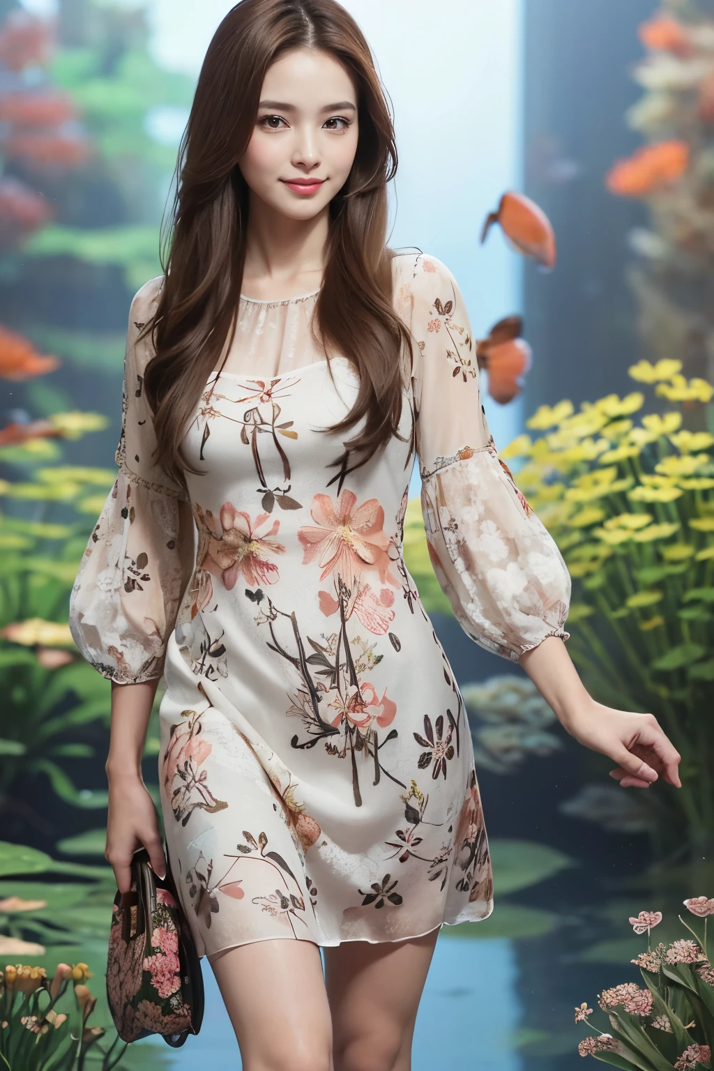 highest quality, masterpiece, 8k, ultra high resolution, (realistic: 1.4), 1 girl, beautiful face, symmetrical eyes, big, perfect body proportions, ((long hair))、((brown hair)), girl enjoying a date、((floral pattern dress:1.4)), the gaze of the beholder, ((aquarium、blurred background)), Front view, Absolute area (1.3),friendly smile、seems kind、cowboy shot