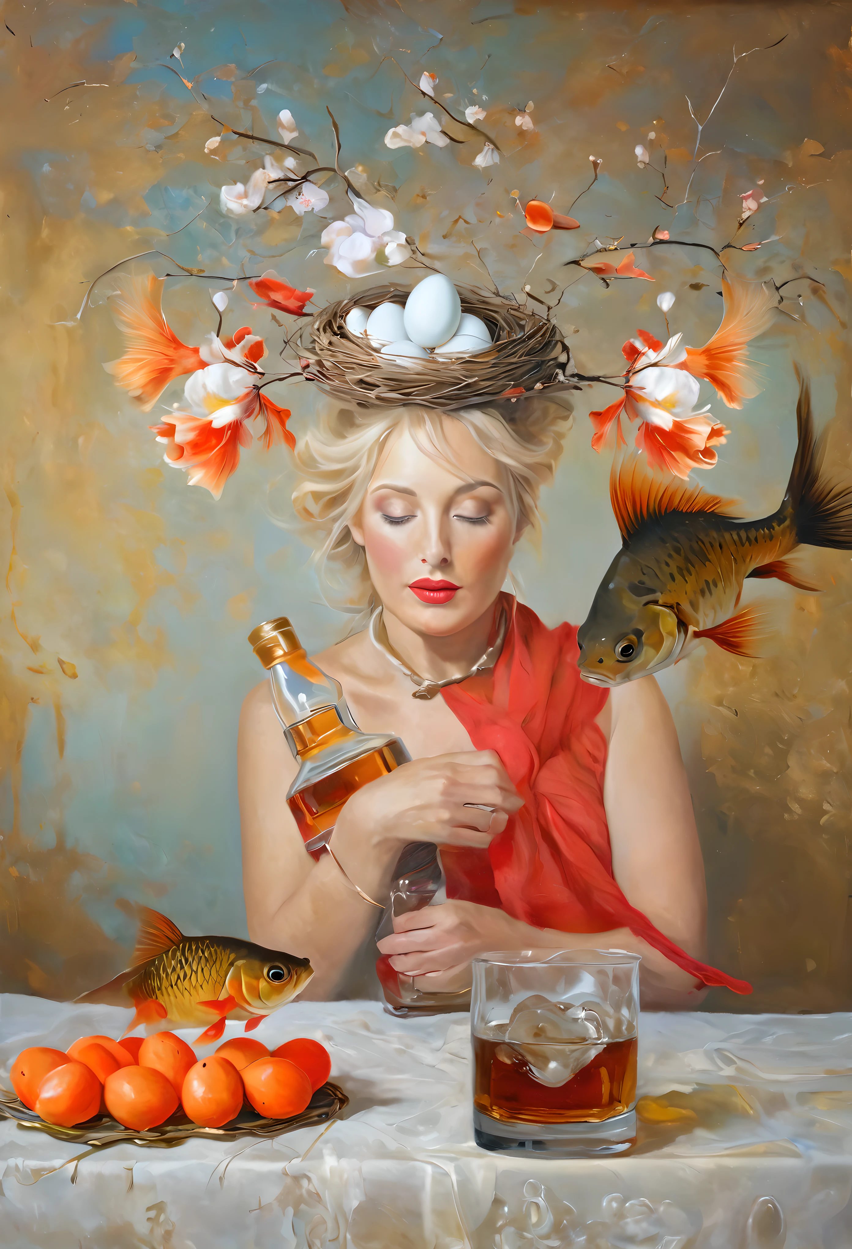 oil painting, ((portrait of a blonde woman2,0)) with a nest with eggs and a goldfish on his head, ((the wind blows your hair1,7)), ((goldfish in the air)), magic carp, glass of whiskey on the table, cherry blossom branches, (red scarf around the neck), magical realism, whimsical art;, Highly conceptual figurative art, Surrealist and fantasy art, эмоциональное Surreal art, Surrealist conceptual art, Surreal painting, hyperrealistic surrealism, Salvador Dali, Elisa Anfuso, Surreal art, whimsical surrealism, surreal digital artwork, fantasy art realistic painting, fabulous surrealism