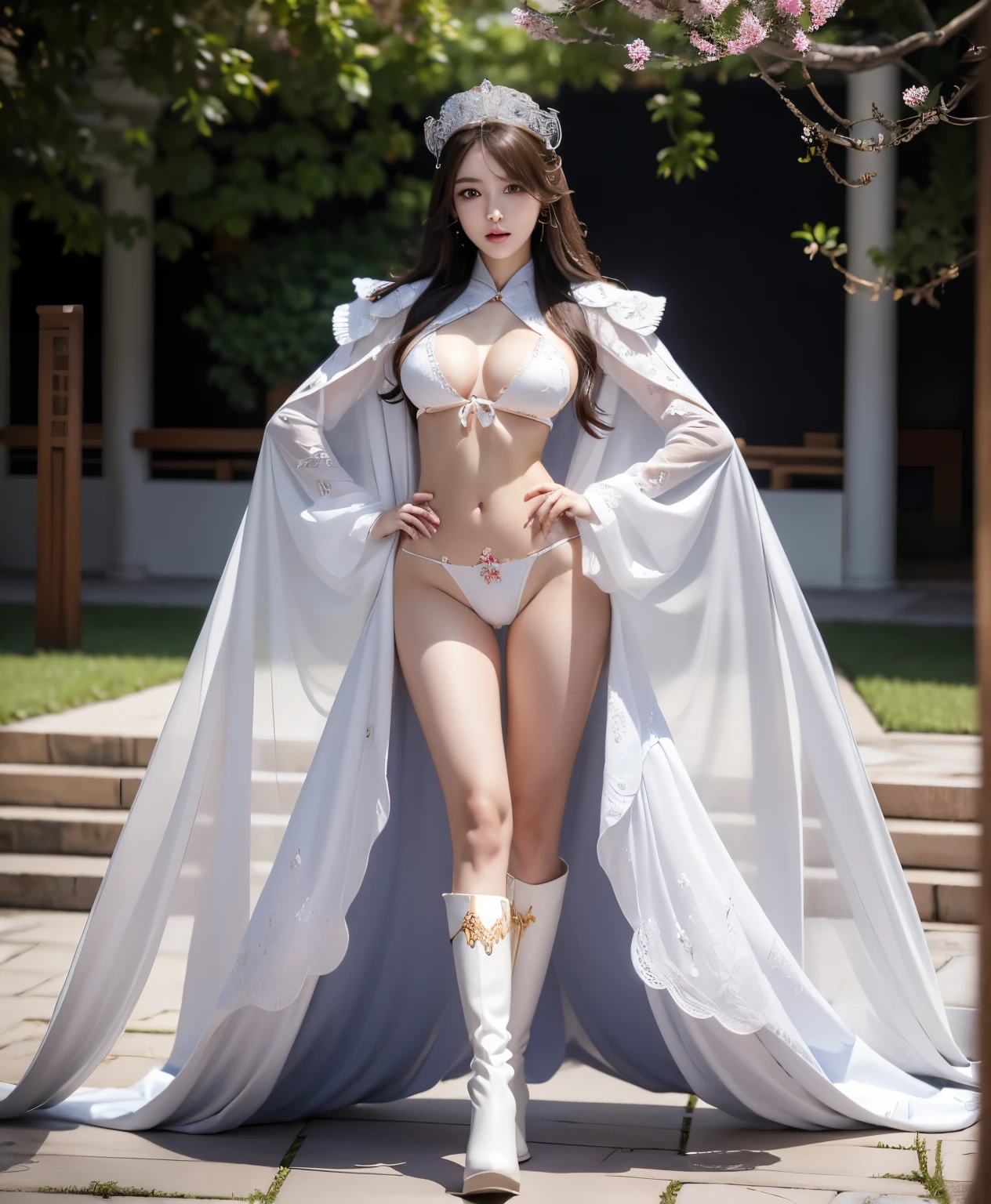 beautiful and delicate woman,Eyes and faces are very detailed, exquisite eyes, super detailed, High resolution, The content is very detailed,best quality,EnLightenment,unity,8k wallpaper,masterpiece,best quality,imagine,1 girl,China costume, Wear sexy white bikini armor,metal style, big breasts, high-cut underwear, 盔甲有圖案metal style的, Big red priest cloak,priest hat,standing posture,long legs,Put on pink blue and white boots,look at the audience,facing the audience,flowing long hair,Surreal 8000g,Impeccable,masterpiece,professional artwork,famous artwork,Light,movie bloom,perfect face,pretty face,fantasy,Dreamy and magical,not real,intricate details,Exquisite pattern…Korean woman’s face