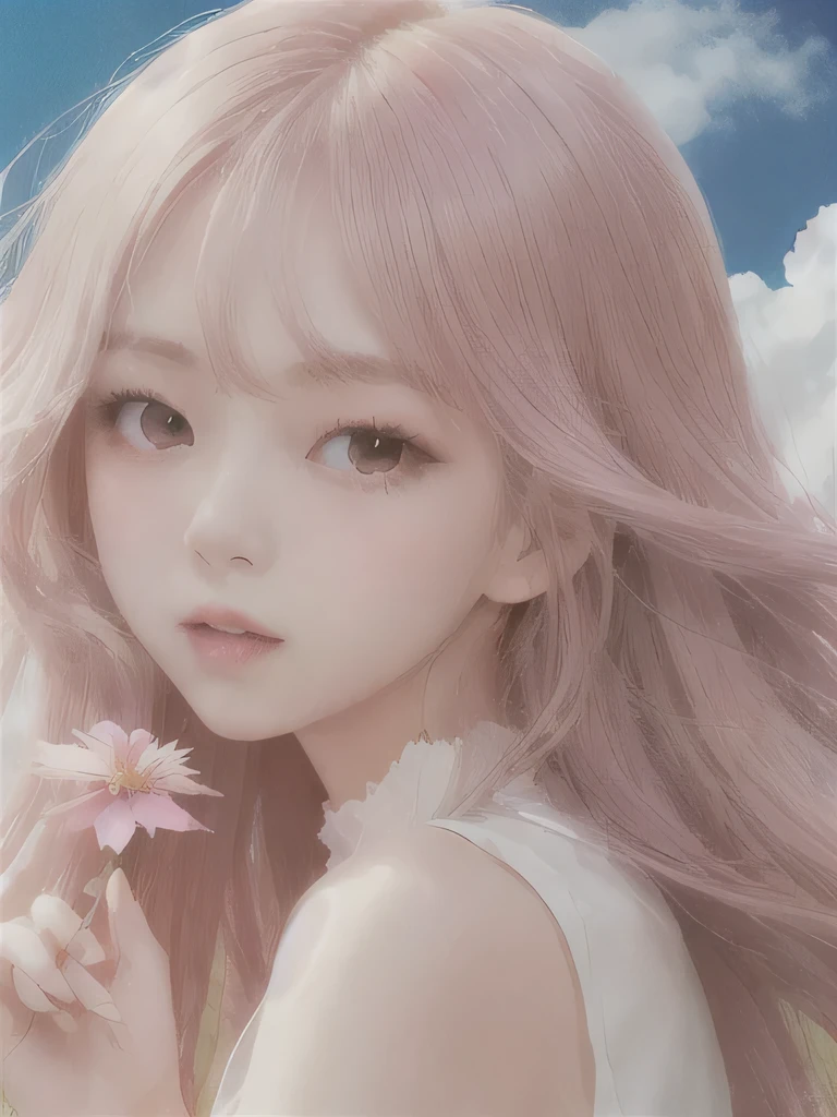 1 girl, alone, barefoot, flower, long hair, null, dress, flower petals, outdoor, holding, holding flower, cloud, pink hair, Wind, field、Small breasts、close up of face、16K