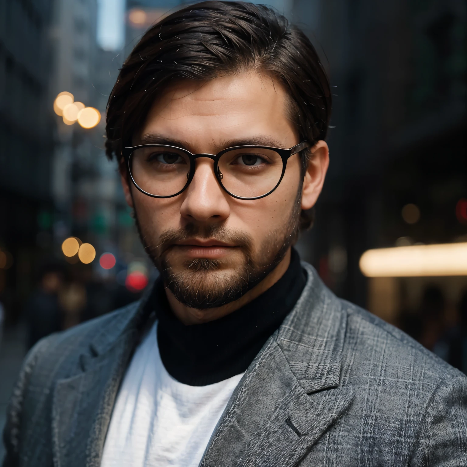 best quality,portrait,detailed eyes,glasses,beard,stylish man,sharp focus,slim face,straight nose,firm lips,handsome facial features,dark hair,stylish outfit,urban background,street style,neutral lighting,dark color palette