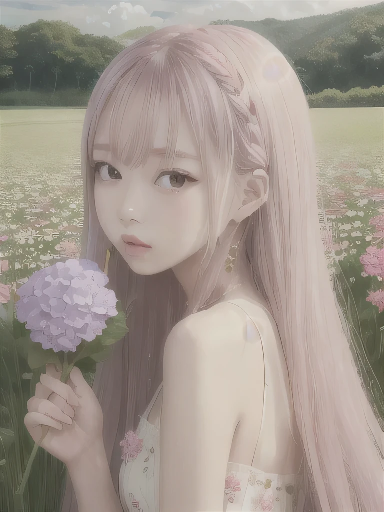 1 girl, alone, barefoot, flower, long hair, null, dress, flower petals, outdoor, holding, holding flower, cloud, pink hair, Wind, field、Small breasts、close up of face、16K、She is the flower spirit、flower decoration、Clothes that show your collarbones、