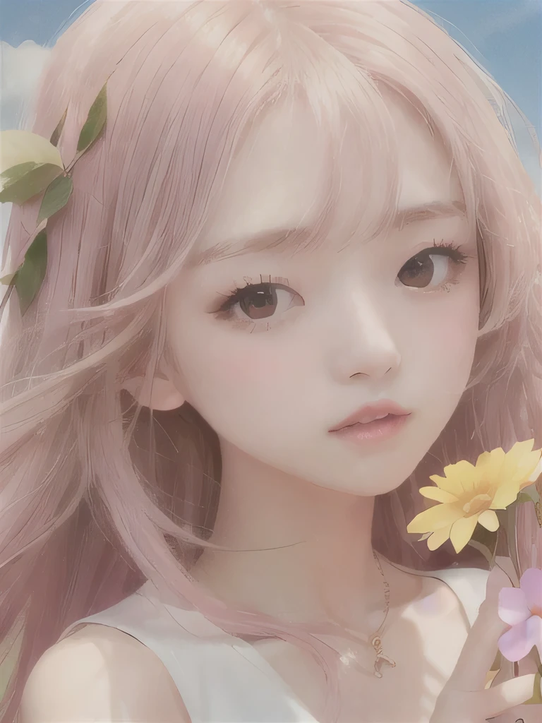 1 girl, alone, barefoot, flower, long hair, null, dress, flower petals, outdoor, holding, holding flower, cloud, pink hair, Wind, field、Small breasts、close up of face、16K、She is the flower spirit、flower decoration、Clothes that show your collarbones、