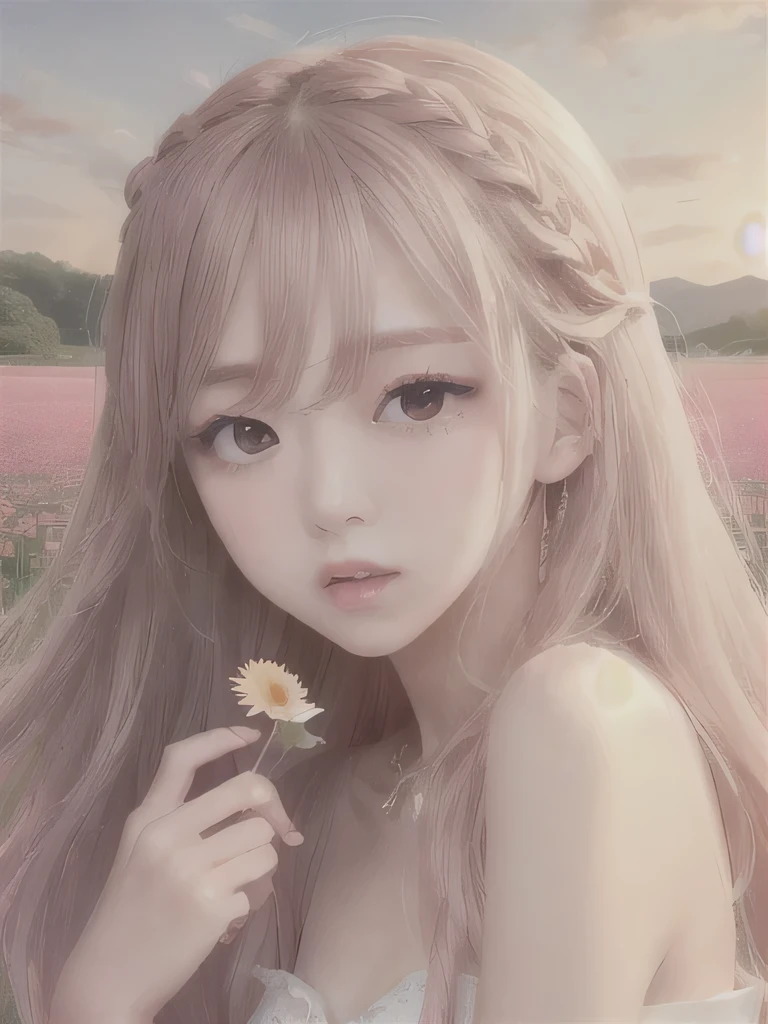 1 girl, alone, barefoot, flower, long hair, null, dress, flower petals, outdoor, holding, holding flower, cloud, pink hair, Wind, field、Small breasts、close up of face、16K、She is the flower spirit、flower decoration、Clothes that show your collarbones、