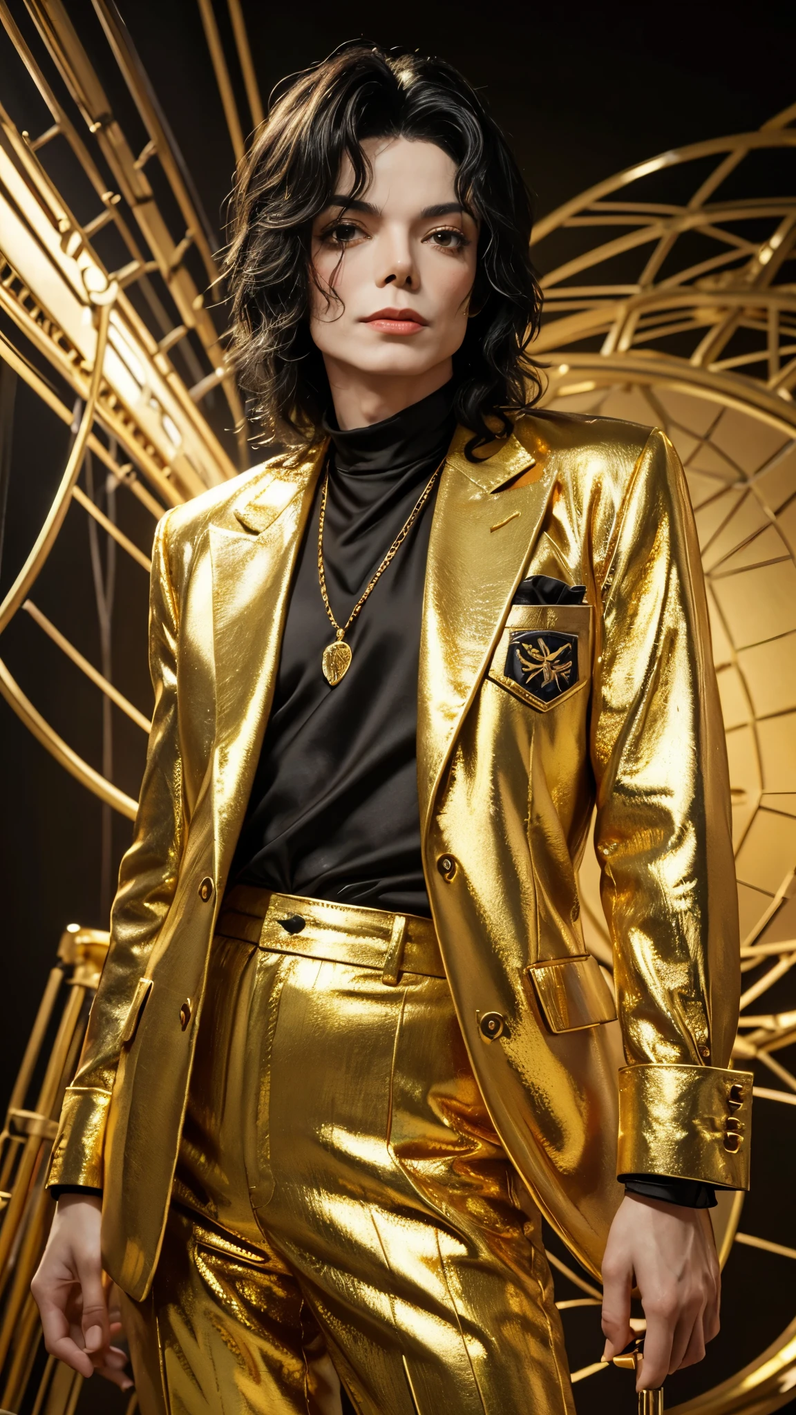 frontal portrait of michael jackson（1 male）；[1987 Michael Jackson-BAD album cover]modeling，purse lips；Shapely figure，broad shoulders。gold suit，Baroque。Gorgeous background，Danger Album Cover Background。Facial clarity，3D art；Ultra clear details，8K,realistic art，pop art。