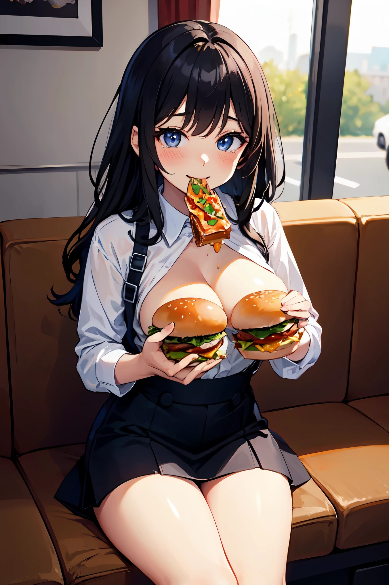 1 beauty， high school girl, small breasts ,big eyes like tears，sit facing the camera, (her mouth is bulging full of hamburger), long eyelashes，short skirt，blush，black perm hair, At a fast food restaurant, (With a big smile, he put the hamburger in his mouth.,), Putty drips into the cleavage, Food scraps spilled on my chest