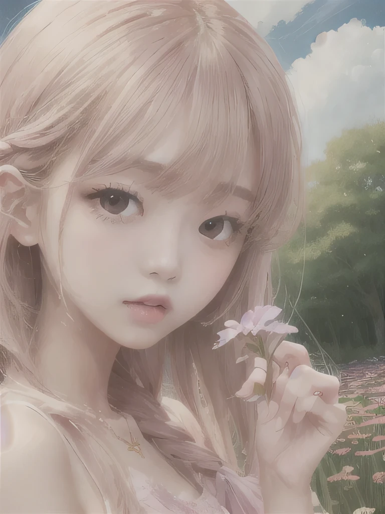 1 girl, alone, barefoot, flower, long hair, null, dress, flower petals, outdoor, holding, holding flower, cloud, pink hair, Wind, field、Small breasts、close up of face、16K、She is the flower spirit、flower decoration、Clothes that show your collarbones、