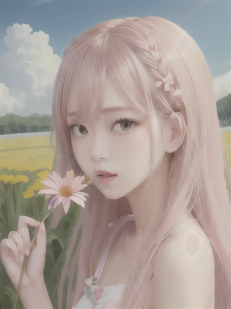 1 girl, alone, barefoot, flower, long hair, null, dress, flower petals, outdoor, holding, holding flower, cloud, pink hair, Wind, field、Small breasts、close up of face、16K、She is the flower spirit、flower decoration、Clothes that show your collarbones、