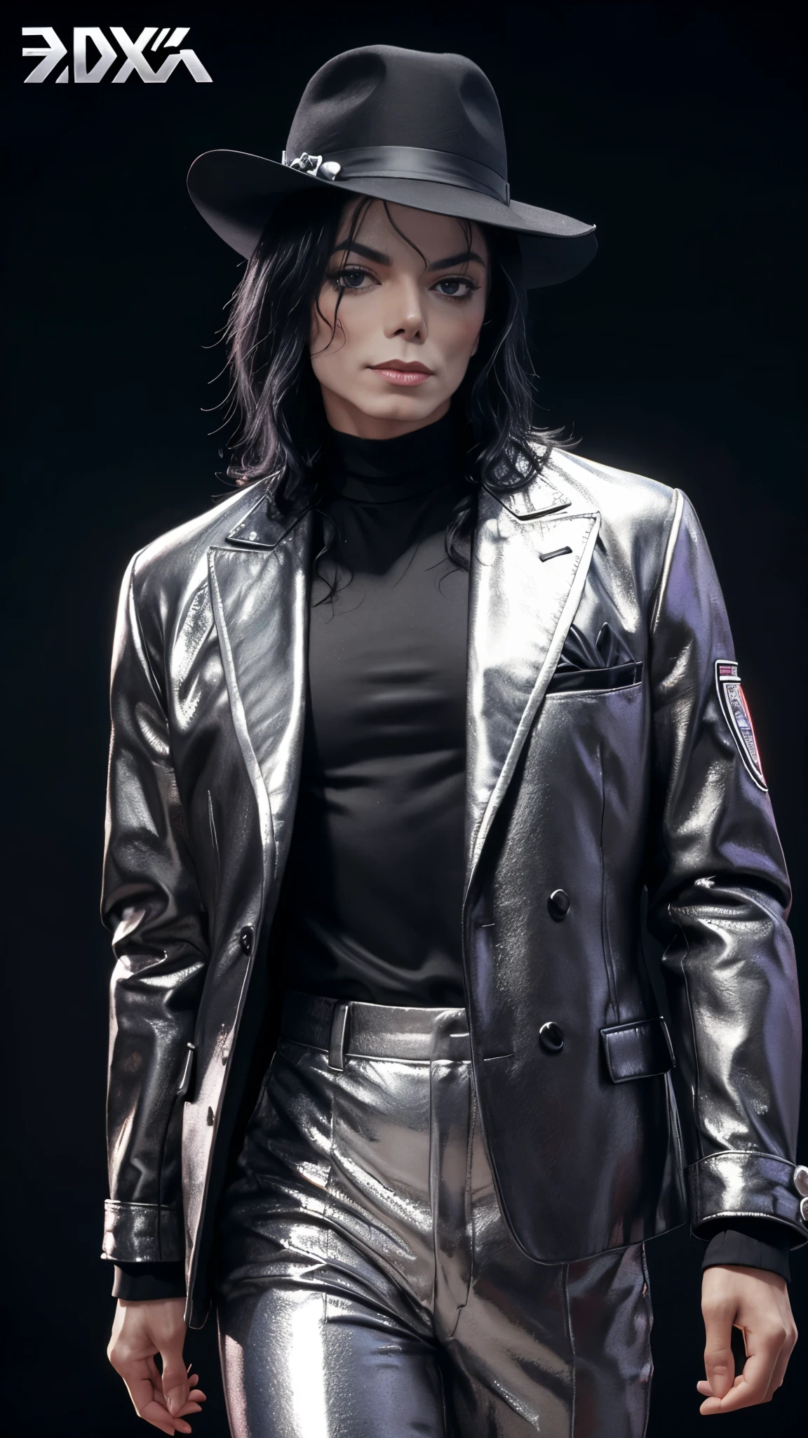 frontal portrait of michael jackson（1 male）Michael Jackson moonwalking；[1987 Michael Jackson-BAD album cover]modeling，purse lips；Strong body，broad shoulders。Black and silver suit。Gorgeous background，Danger Album Cover Background。Facial clarity，3D art；Ultra clear details，8K,realistic art，pop art。