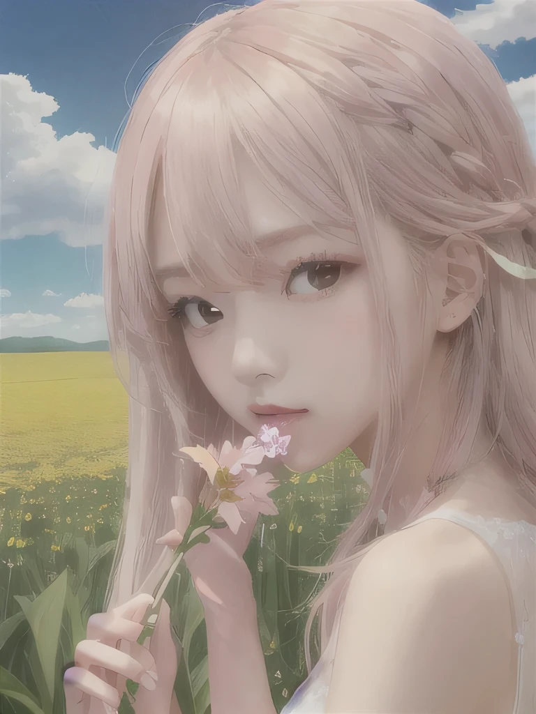 1 girl, alone, barefoot, flower, long hair, null, dress, flower petals, outdoor, holding, holding flower, cloud, pink hair, Wind, field、Small breasts、close up of face、16K、She is the flower spirit、flower decoration、Clothes that show your collarbones、