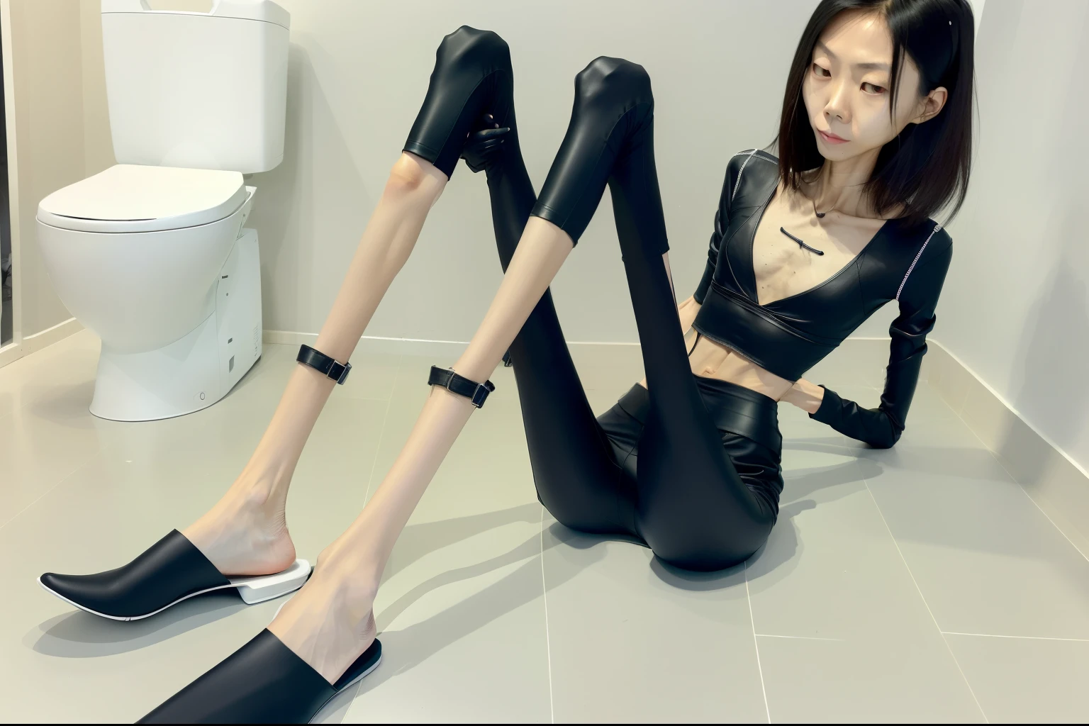 extremely thin woman，White skin，Body is very thin，Rib chest，protruding sternum，The sternum is obvious，Waist is very thin，The ribs are obvious，protruding ribs，The pelvic protrusion is very obvious，Clear outline of pelvis，Protruding crotch，thin shoulders，Upper body，Waist is very thin，sunken abdomen，Abdominal muscle atrophy，delicate arms，arm muscle atrophy，thin legs，leg muscle atrophy，Knees are obviously prominent，Ankles are obviously prominent，Extremely thin ankles，Wear a tight leather jacket，Wearing black tights，short hair，asian face，haggard expression，cry，excessive weight loss，sunken face，severe malnutrition，skinny