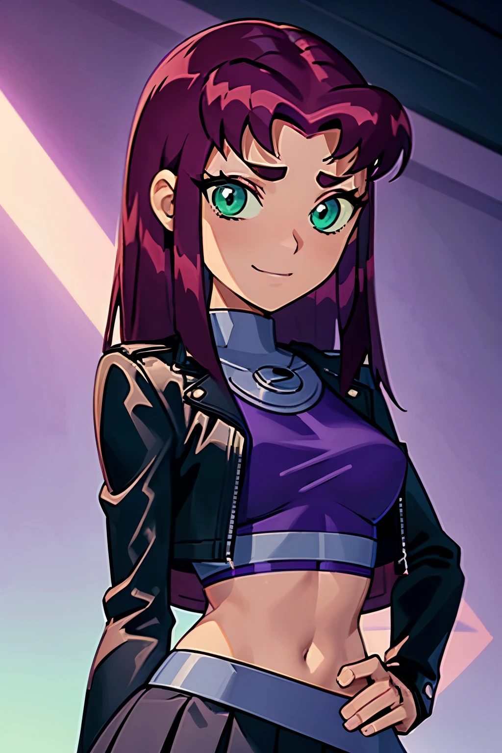 young_starfire_wearing_a_black_leather_jacket_and_a_pleated_black_skirt, top_under_jacket, midriff, skinny, beautiful, red_hair, green_iris, shy_pose, gentle_smile, gentle_expression, high resolution, 8k